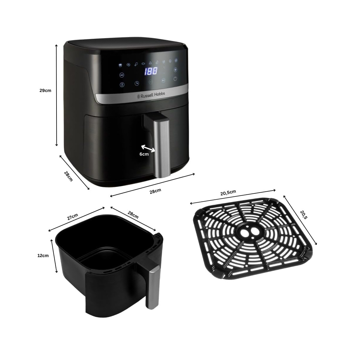 Schwarze Russell Hobbs Heißluftfritteuse mit herausnehmbarem Korb und Grill. Abmessungen sind sichtbar. Digitalanzeige zeigt 188.