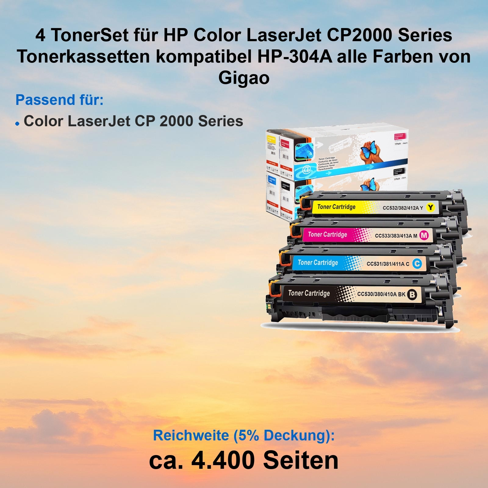 Das Bild zeigt Tonerkartuschen für HP Color LaserJet CP2000 Serie. Ein Stapel Patronen vor einem Sonnenuntergangshintergrund.