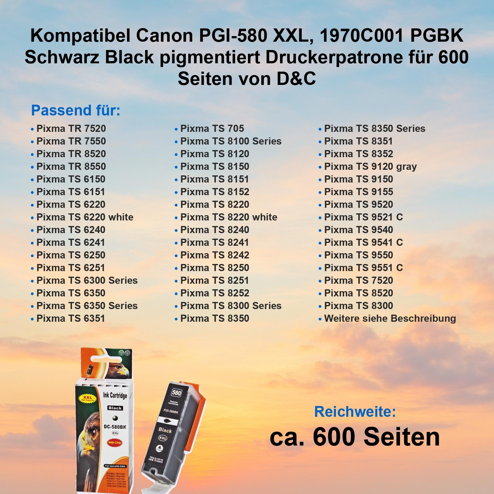 Bild zeigt eine Druckerpatronenbox mit Text und eine Liste kompatibler Drucker.