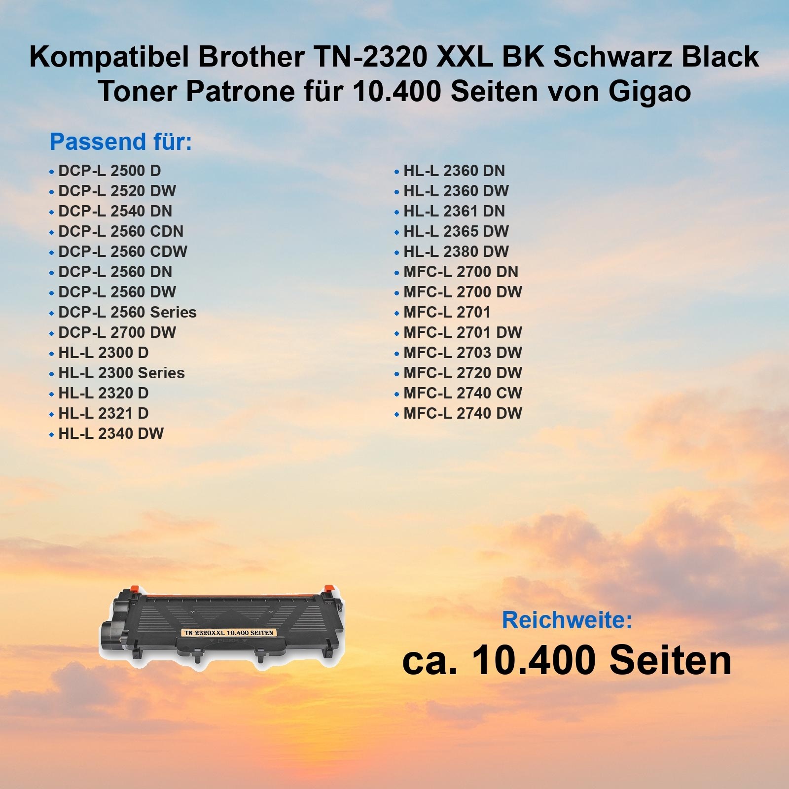 Schwarze Tonerkartusche auf Himmelsgrund, Text: kompatibel mit Brother-Druckern, 10.400 Seiten.