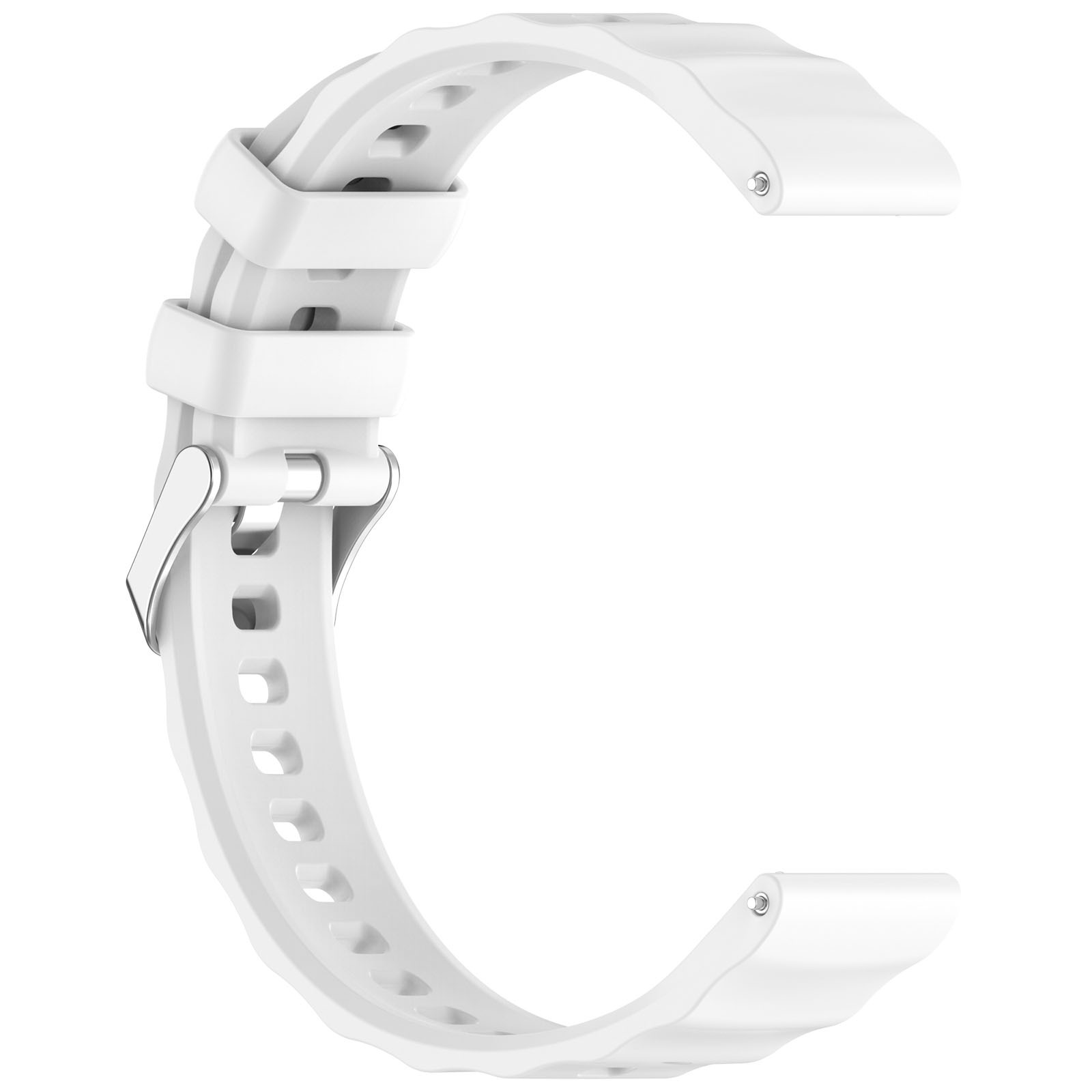 Ein weißes, gebogenes Uhrenarmband mit silberner Schnalle, Löchern und zwei Sicherungsschlaufen.