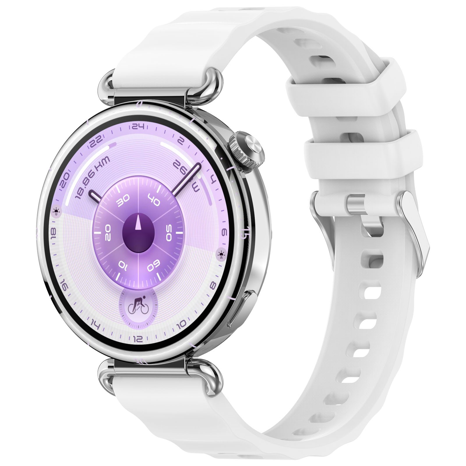 Eine weiße Smartwatch mit silberner Lünette und lila Display, das Zeit und Fitnessdaten anzeigt, weißes Armband.