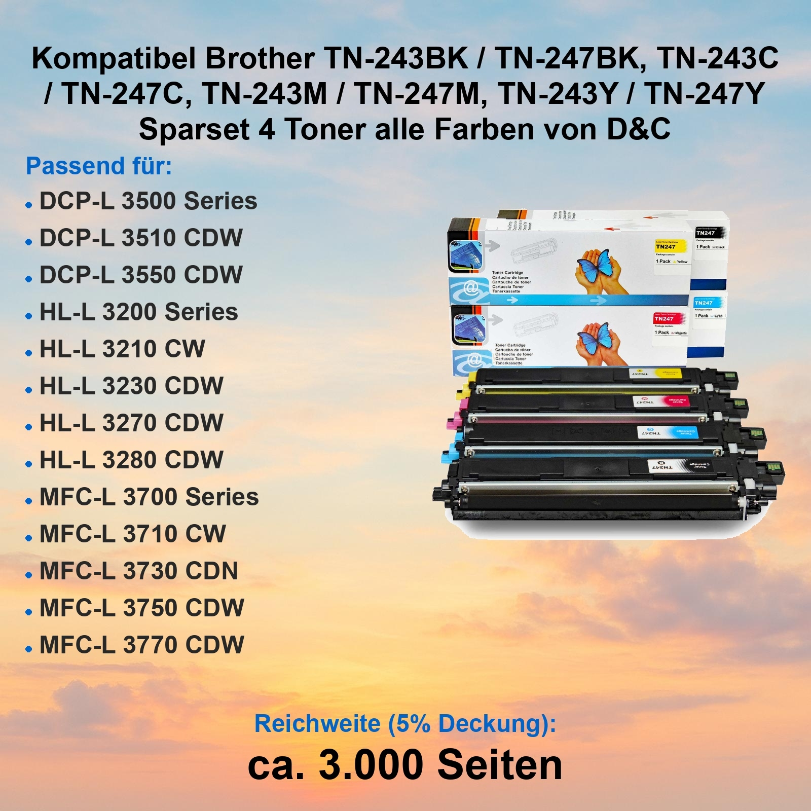 Das Bild zeigt Tonerkartuschen mit Produktdetails und eine Liste kompatibler Druckermodelle.