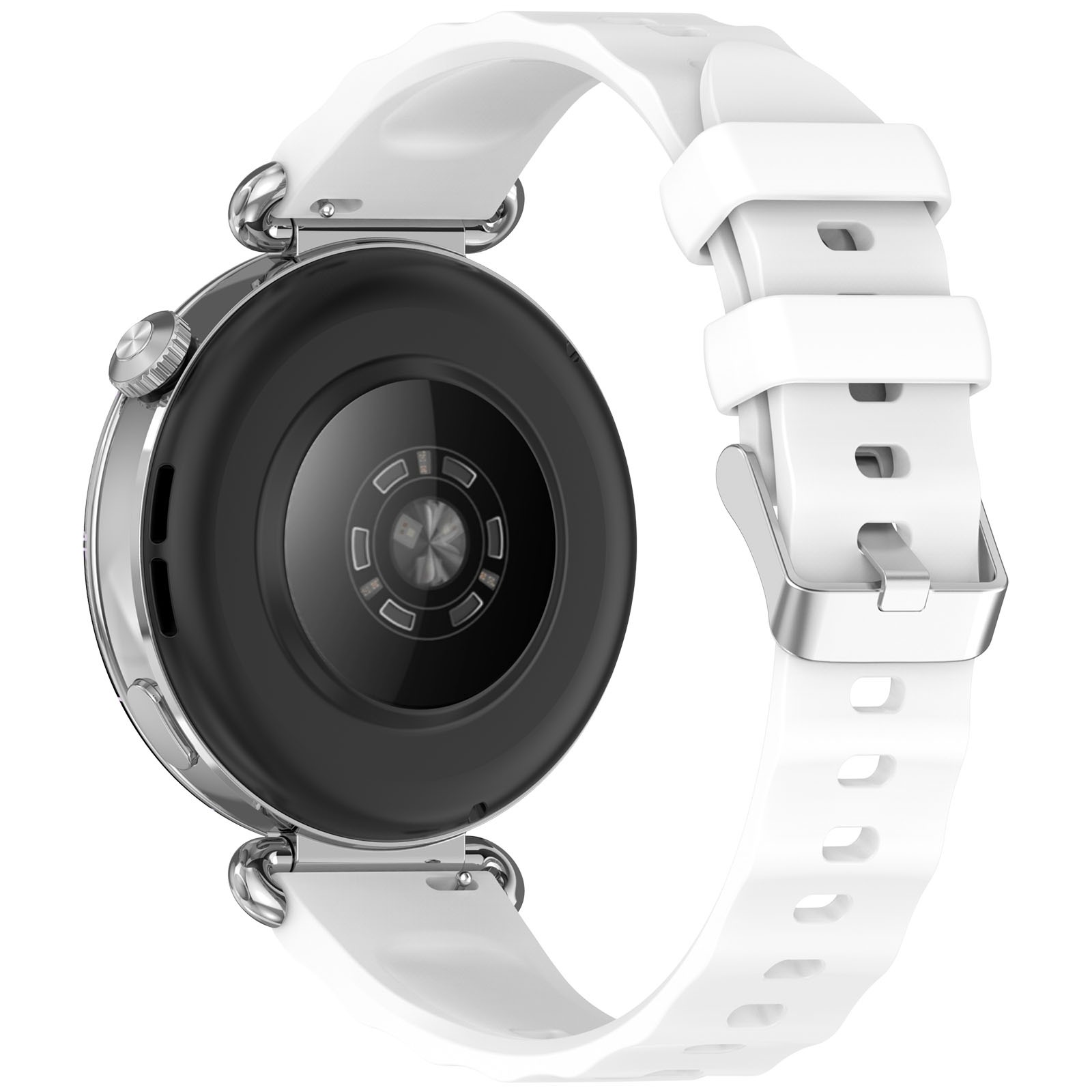 Eine weiße Smartwatch mit schwarzer Rückseite und weißem Armband. Die Uhr hat eine silberne Lünette und einen Knopf an der Seite.