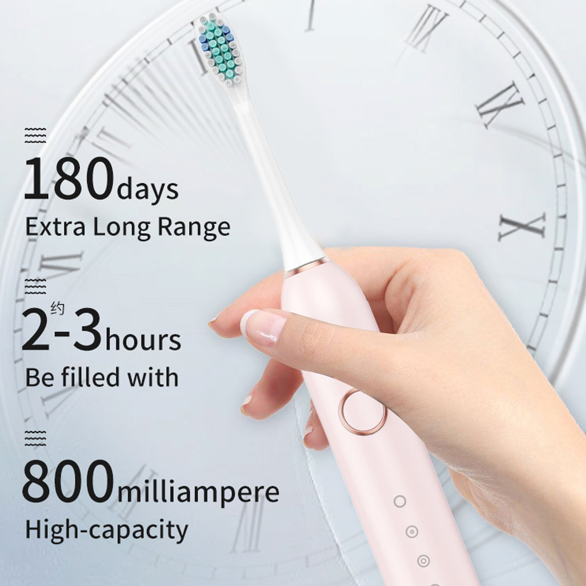 Eine Hand hält eine rosa elektrische Zahnbürste. Statistiken: 180 Tage Reichweite, 2-3 Stunden Aufladen, 800 Milliampere Kapazität. Uhr im Hintergrund.
