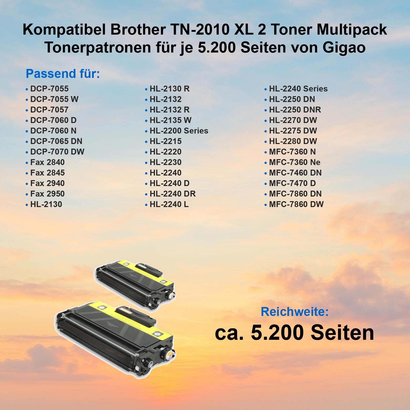 Das Bild zeigt zwei schwarze Tonerkartuschen mit gelben Akzenten, eine Liste kompatibler Drucker und Text zur Seitenleistung.