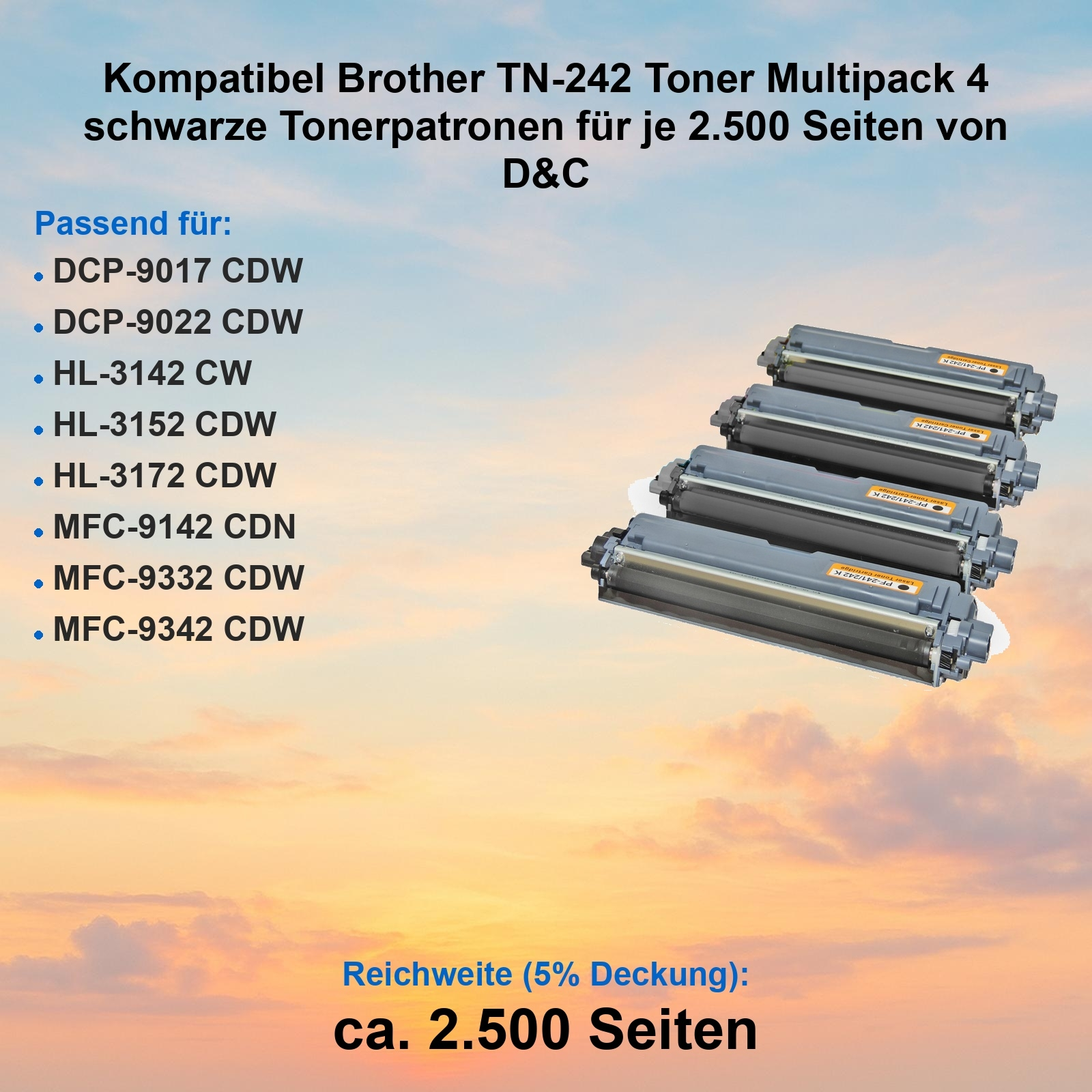 Das Bild zeigt schwarze Tonerkartuschen, kompatibel mit Brother-Druckern. Textdetails Modelle und Seitenzahl.