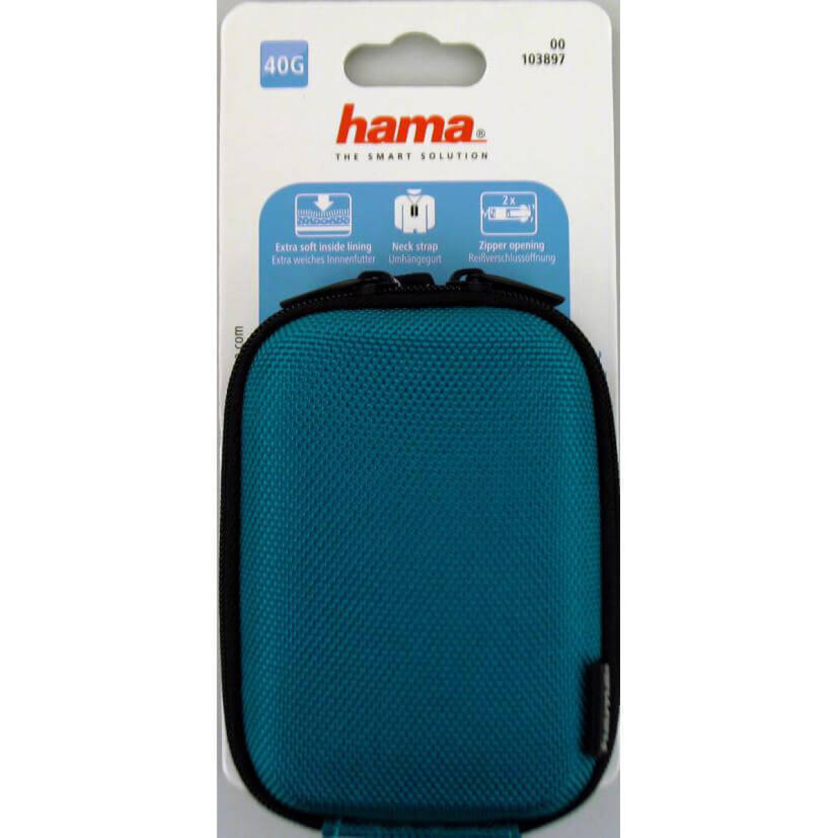 Eine türkisfarbene, abgerundete Hülle mit schwarzem Reißverschluss auf einer weißen Karte. Die Karte hat ein Hama-Logo und Produktdetails.