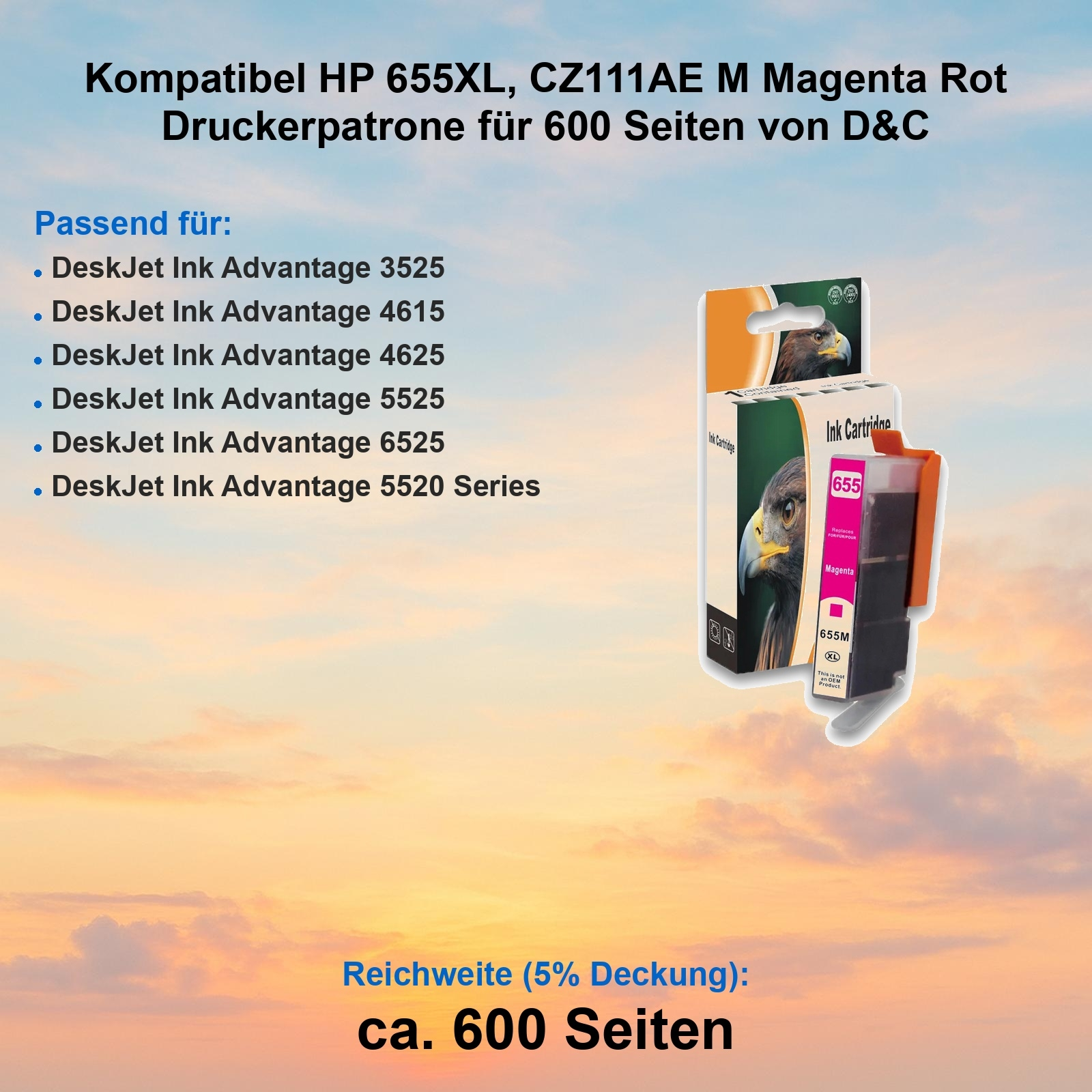Eine magenta Tintenpatrone für HP-Drucker. Text enthält Druckermodelle und Seitenzahl.