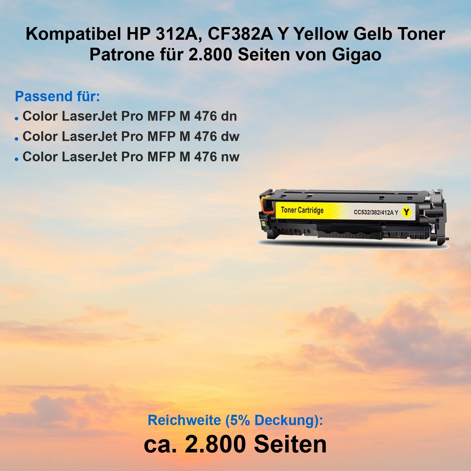 Das Bild zeigt eine gelbe Tonerkartusche für HP-Drucker. Text enthält Kompatibilitäts- und Seitenleistungsinformationen.