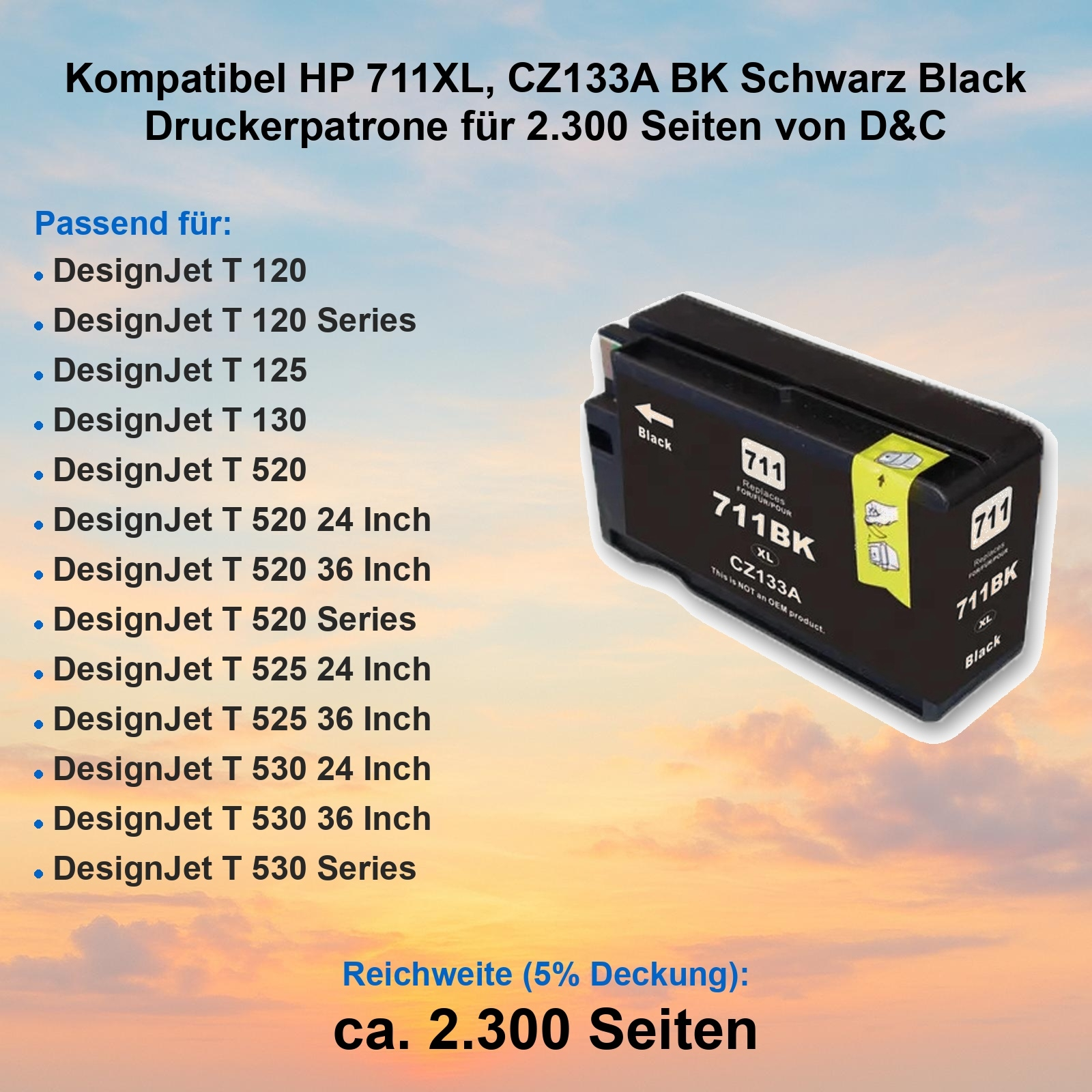 Schwarze HP 711XL Tintenpatrone. Das Bild zeigt eine schwarze Patrone mit Text und eine Liste kompatibler Drucker.
