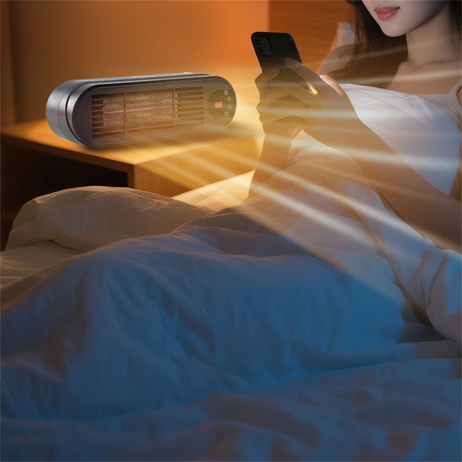 Eine Frau im Bett hält ein Telefon. Ein Heizgerät steht auf einem Nachttisch. Warmes Licht scheint.