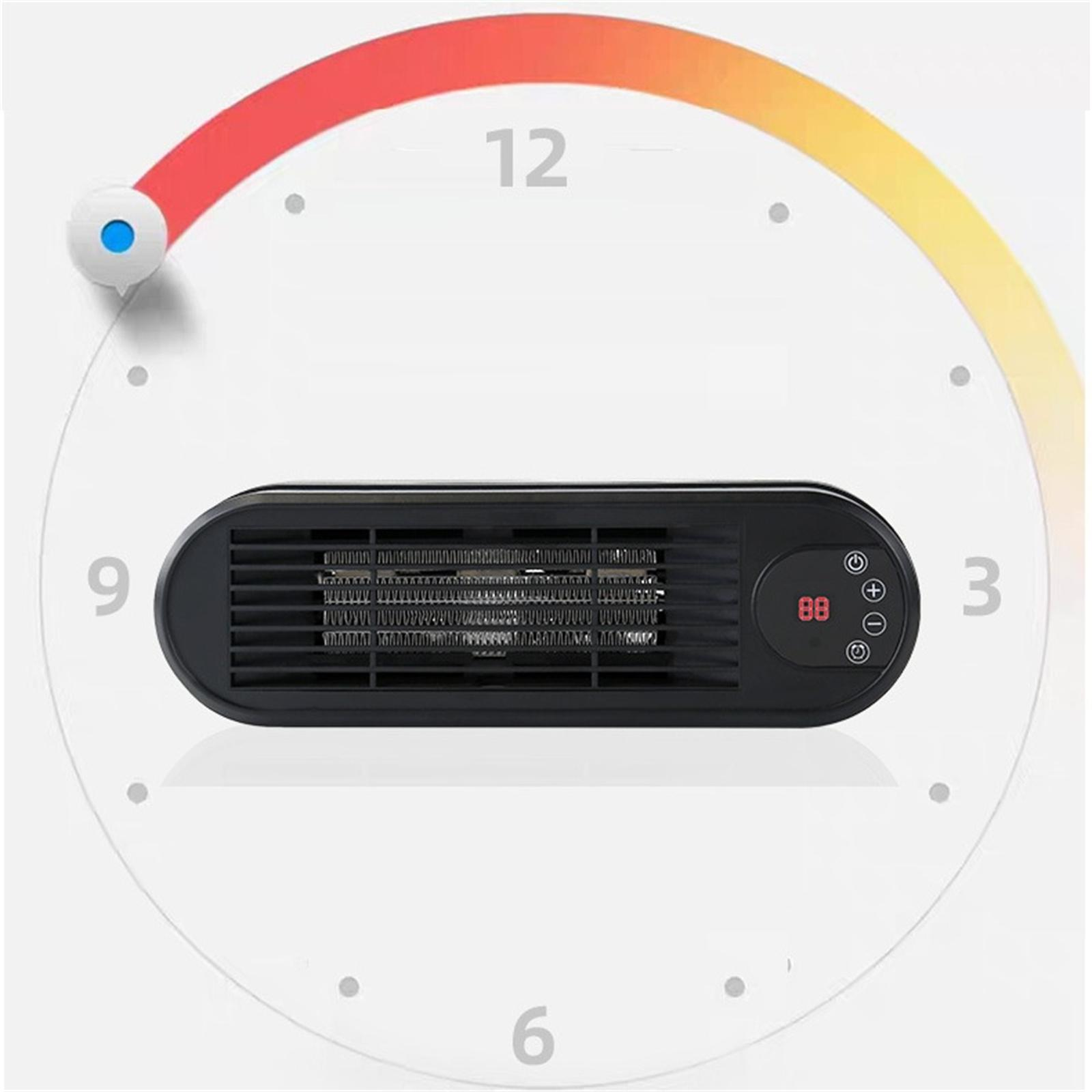 Ein schwarzer Heizlüfter mit Digitalanzeige auf weißem Hintergrund mit uhrähnlichem Design, das die Temperatur anzeigt.