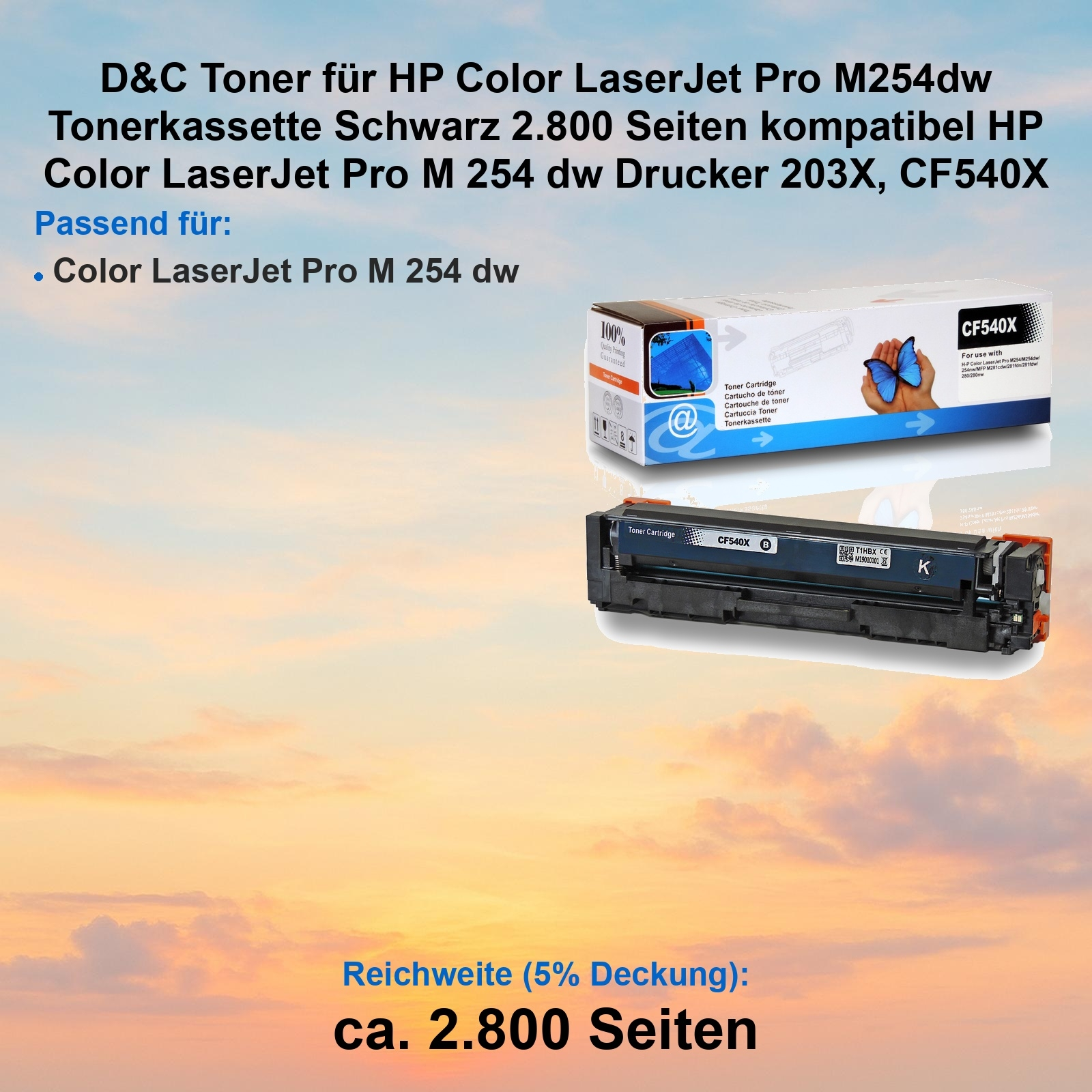 Schwarze Tonerkartusche für HP Color LaserJet Pro M254dw mit Text und Produktinformationen auf einem Farbverlauf.