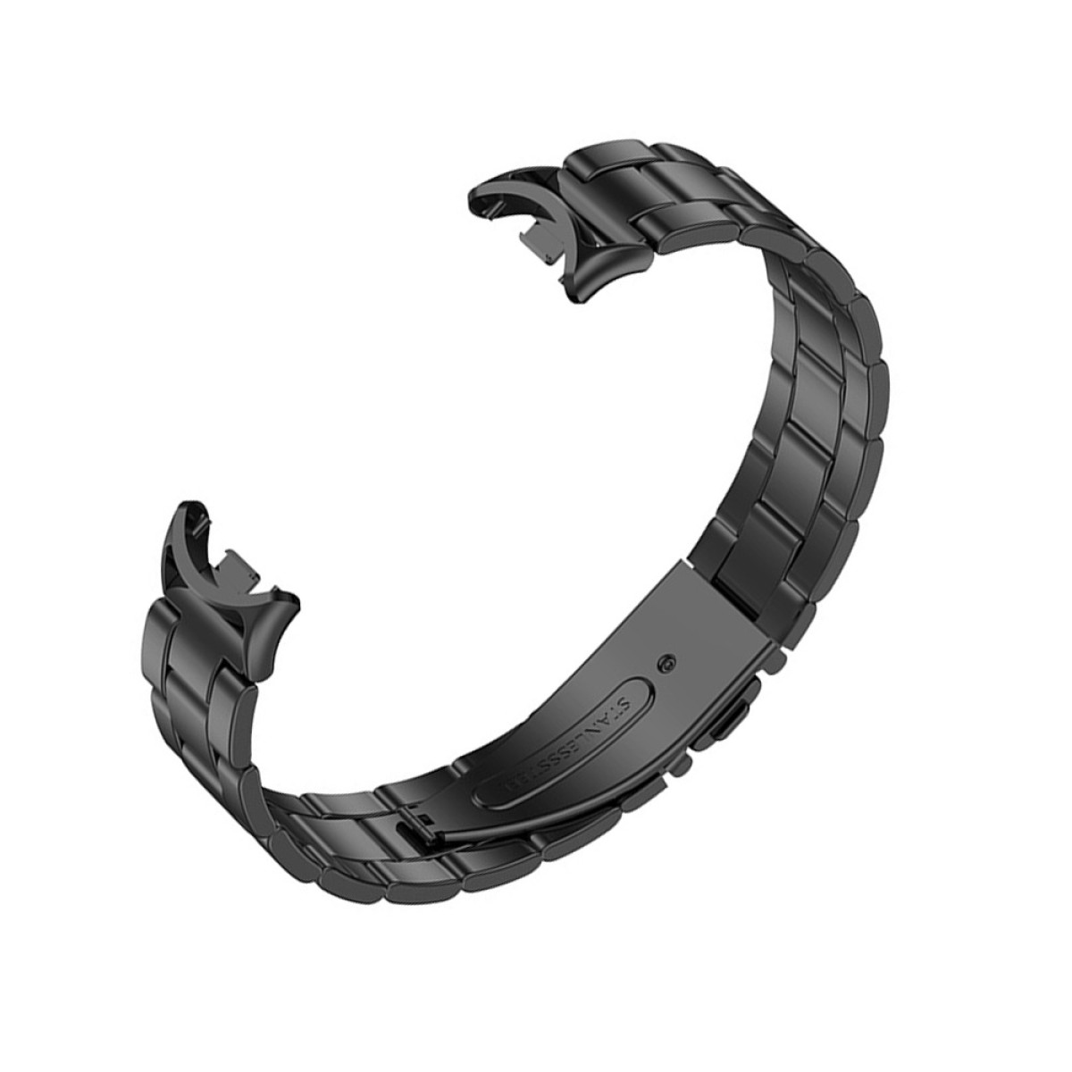 Ein gebogenes, schwarzes Uhrenarmband mit Edelstahlverschluss. Das Band besteht aus verbundenen rechteckigen Gliedern.