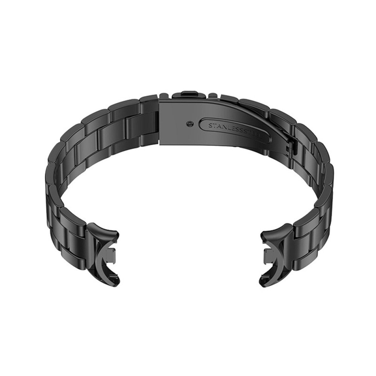 Ein schwarzes Edelstahl-Uhrenarmband wird vor weißem Hintergrund gezeigt. Es ist offen und bereit, an einer Uhr befestigt zu werden.