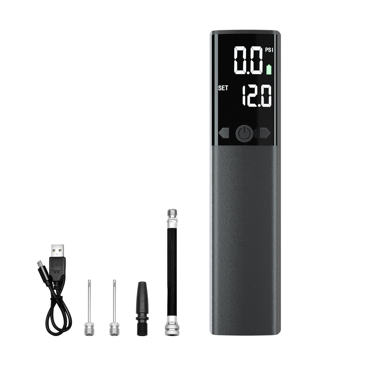 Eine Luftpumpe mit LCD-Bildschirm, der 0,0 PSI und 12,0 anzeigt. Zubehör: USB-Kabel und Düsen. Das Gerät ist dunkelgrau.