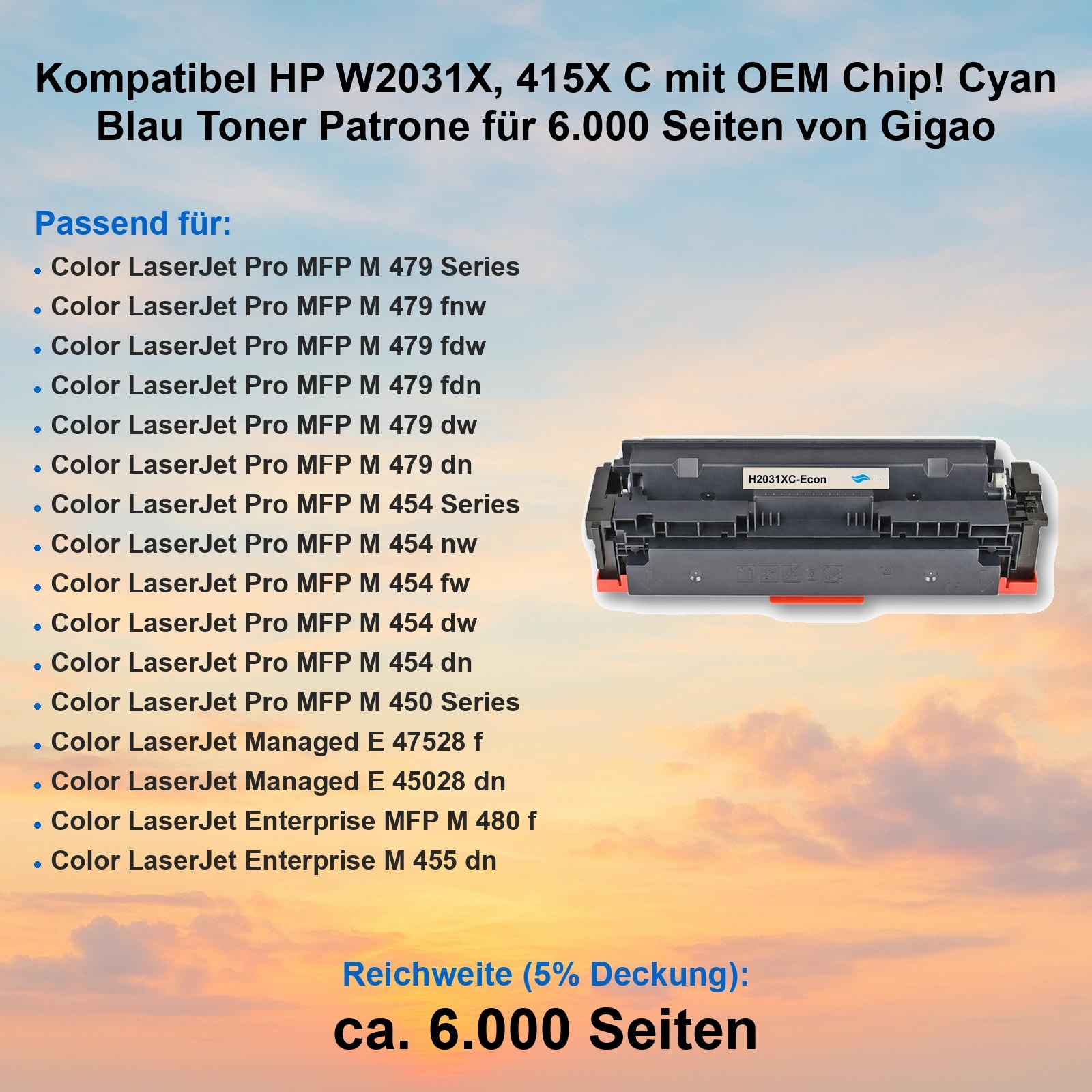 Das Bild zeigt eine Tonerkartusche mit Produktdetails und einer Liste kompatibler Druckermodelle.