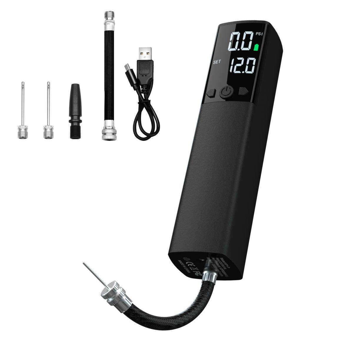 Schwarze tragbare Luftpumpe mit Digitalanzeige. Enthält verschiedene Düsen und ein USB-Ladekabel.