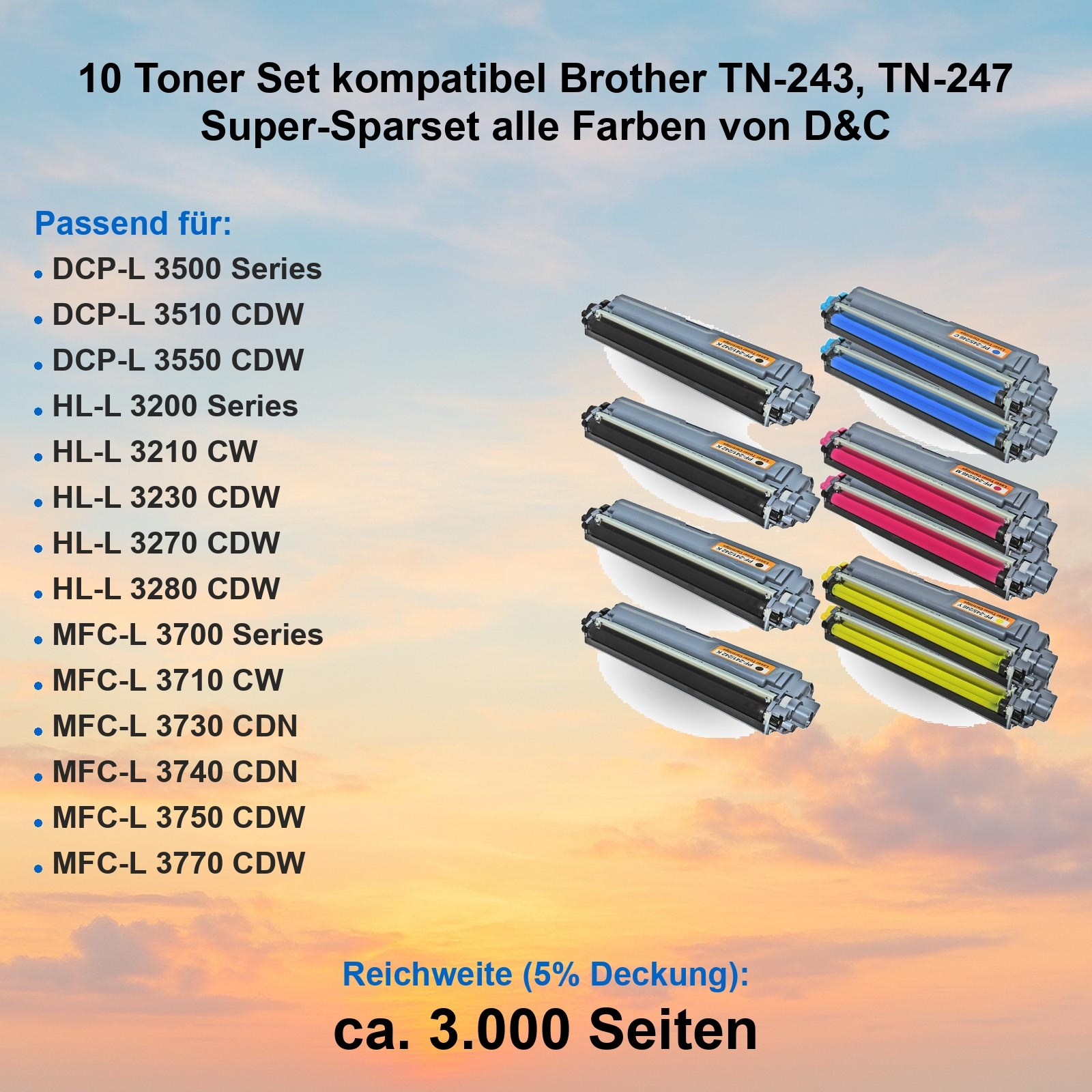 Das Bild zeigt ein Tonerset für Brother-Drucker mit Tintenpatronen in Schwarz, Blau, Pink und Gelb.