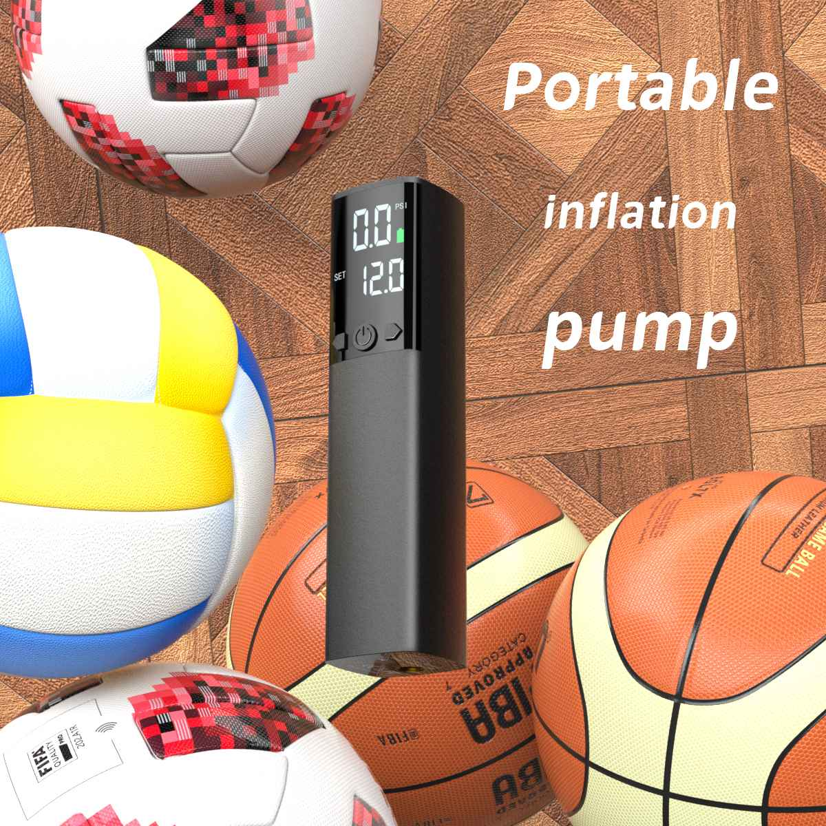 Eine schwarze, tragbare Aufblaspumpe mit Digitalanzeige ist von Fußbällen, einem Volleyball und Basketbällen auf einer Holzoberfläche umgeben.