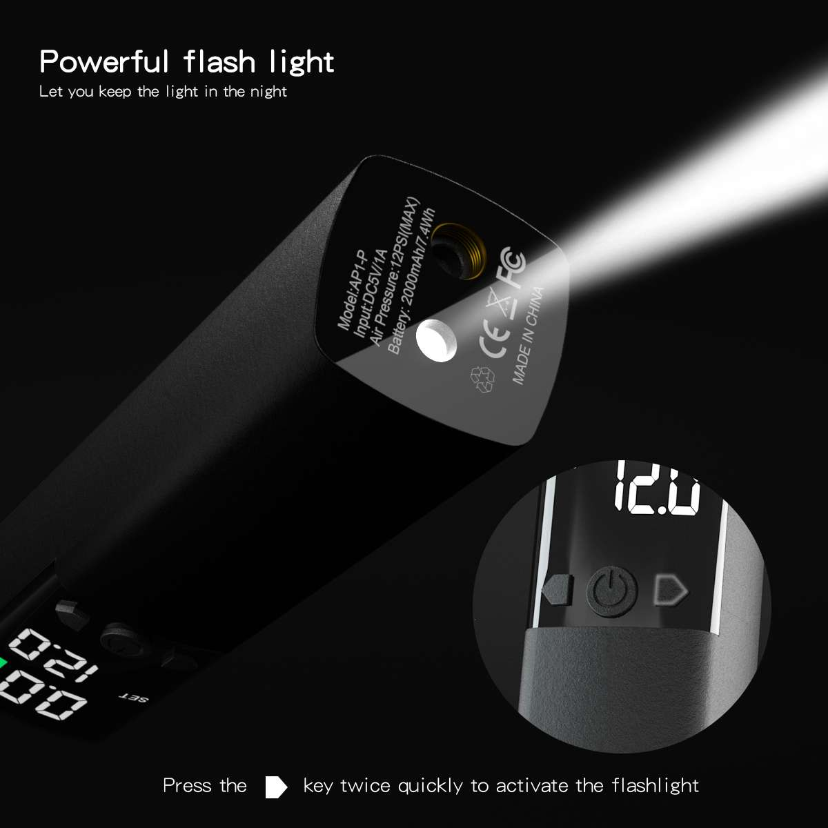 Schwarze Taschenlampe mit weißem Lichtstrahl. Ein digitales Display zeigt Zahlen. Text enthält 'Powerful flash light' und Anweisungen.
