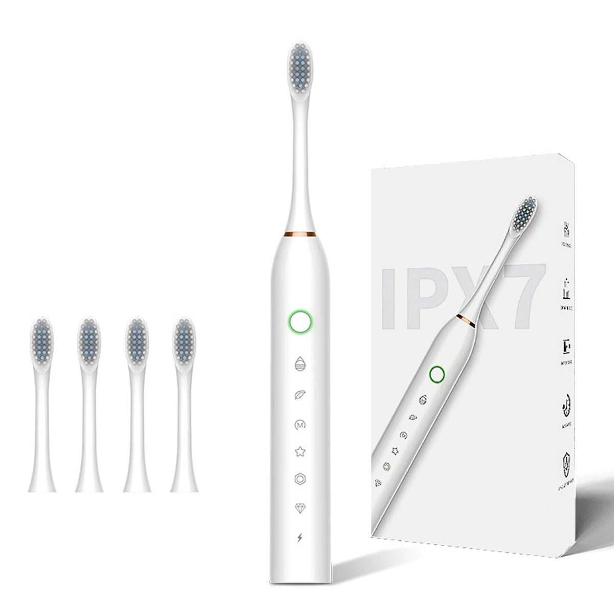 Weiße elektrische Zahnbürste mit Ersatzköpfen und einer Schachtel mit 'IPX7'. Die Zahnbürste hat einen grünen Knopf und Design-Icons.