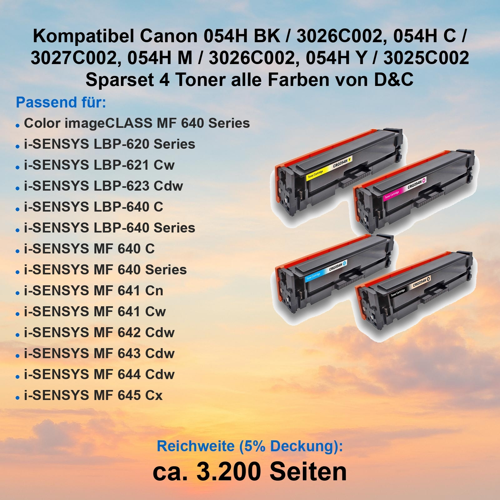 Das Bild zeigt Tonerpatronen in Gelb, Magenta, Cyan und Schwarz, mit einer Liste kompatibler Canon-Druckermodelle.