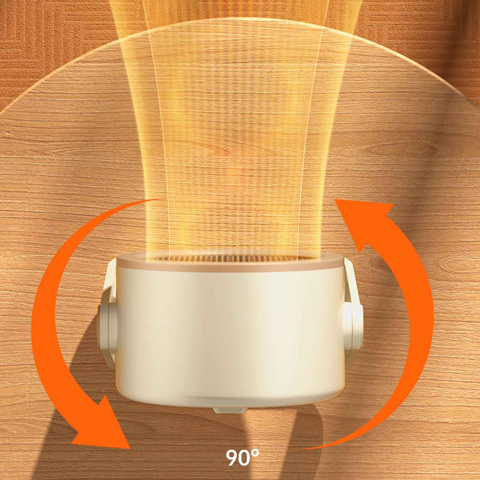 Ein cremefarbenes Gerät mit einem Ventilator, orangefarbenen Pfeilen, die die Drehung anzeigen, und einem Winkel von 90 Grad.