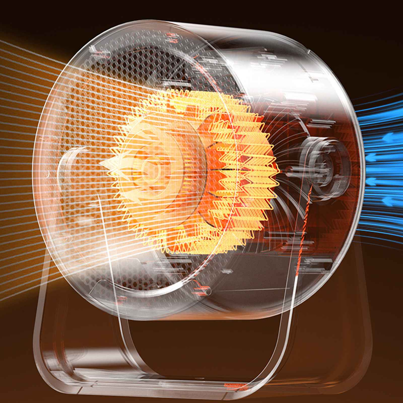 Ein transparenter Ventilator mit orangefarbenen Heizelementen und blauen Luftstromlinien auf braunem Grund.
