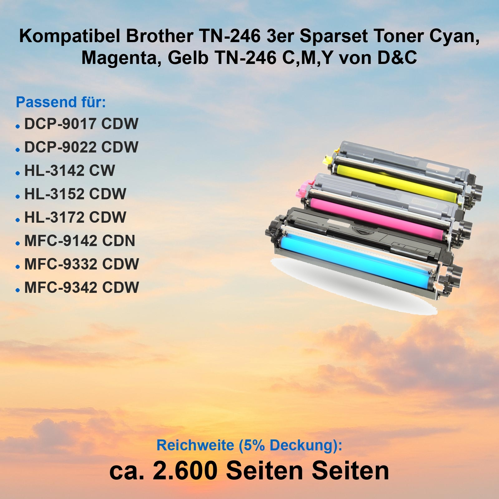 Das Bild zeigt Brother TN-246 Tonerkartuschen in Cyan, Magenta und Gelb. Text listet kompatible Druckermodelle.