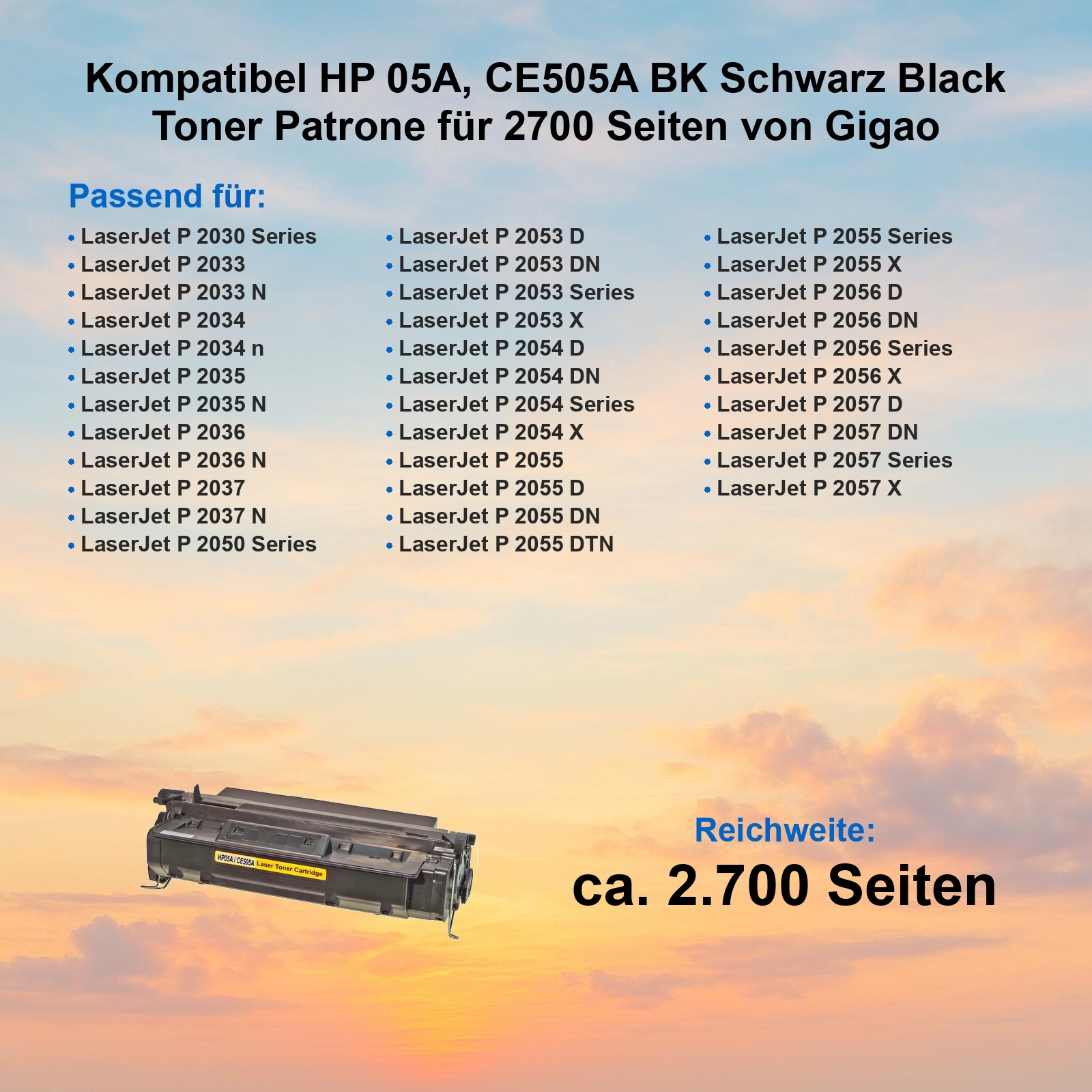 Schwarze Tonerkartusche mit Text, kompatibel mit HP-Druckern, und Himmelshintergrund.