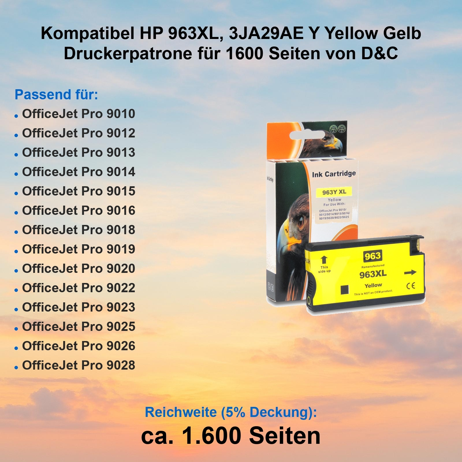 Gelbe Tintenpatrone mit Box. Text: 963XL, Gelb. Kompatibel mit verschiedenen OfficeJet Pro Modellen.
