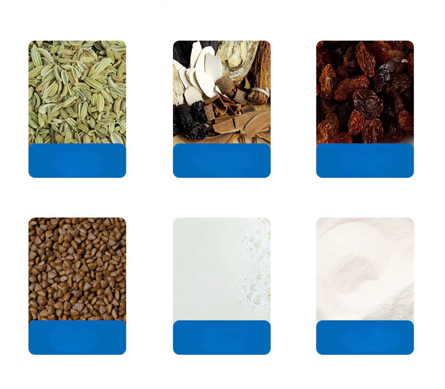 Eine Collage von sechs Bildern. Sie zeigen Fenchelsamen, gemischte Kräuter, Rosinen, braune Samen, Milch und Pulver, jeweils in einem Rahmen.