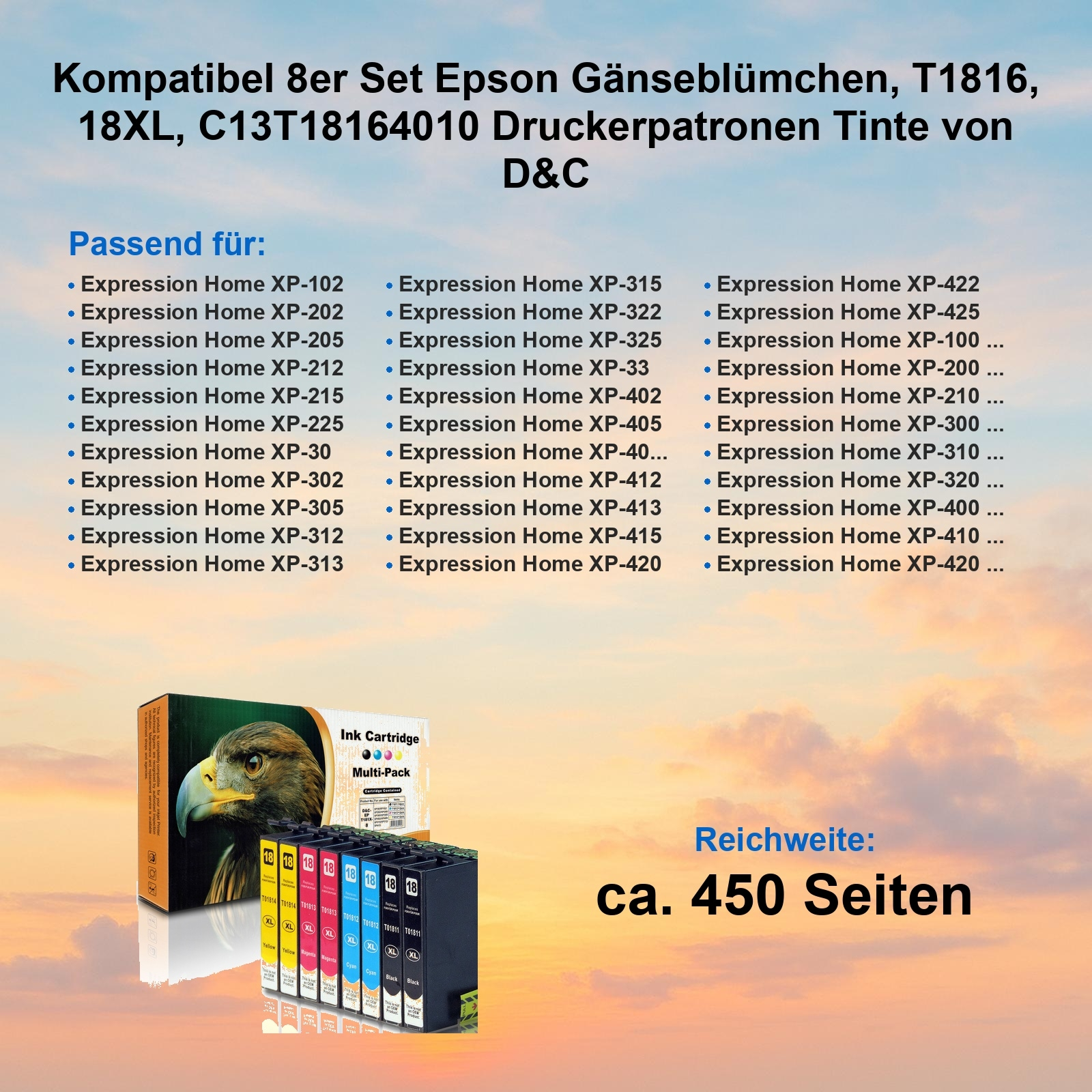Tintenpatronen-Set mit Text und Produktinformationen. Enthält mehrere Patronen.