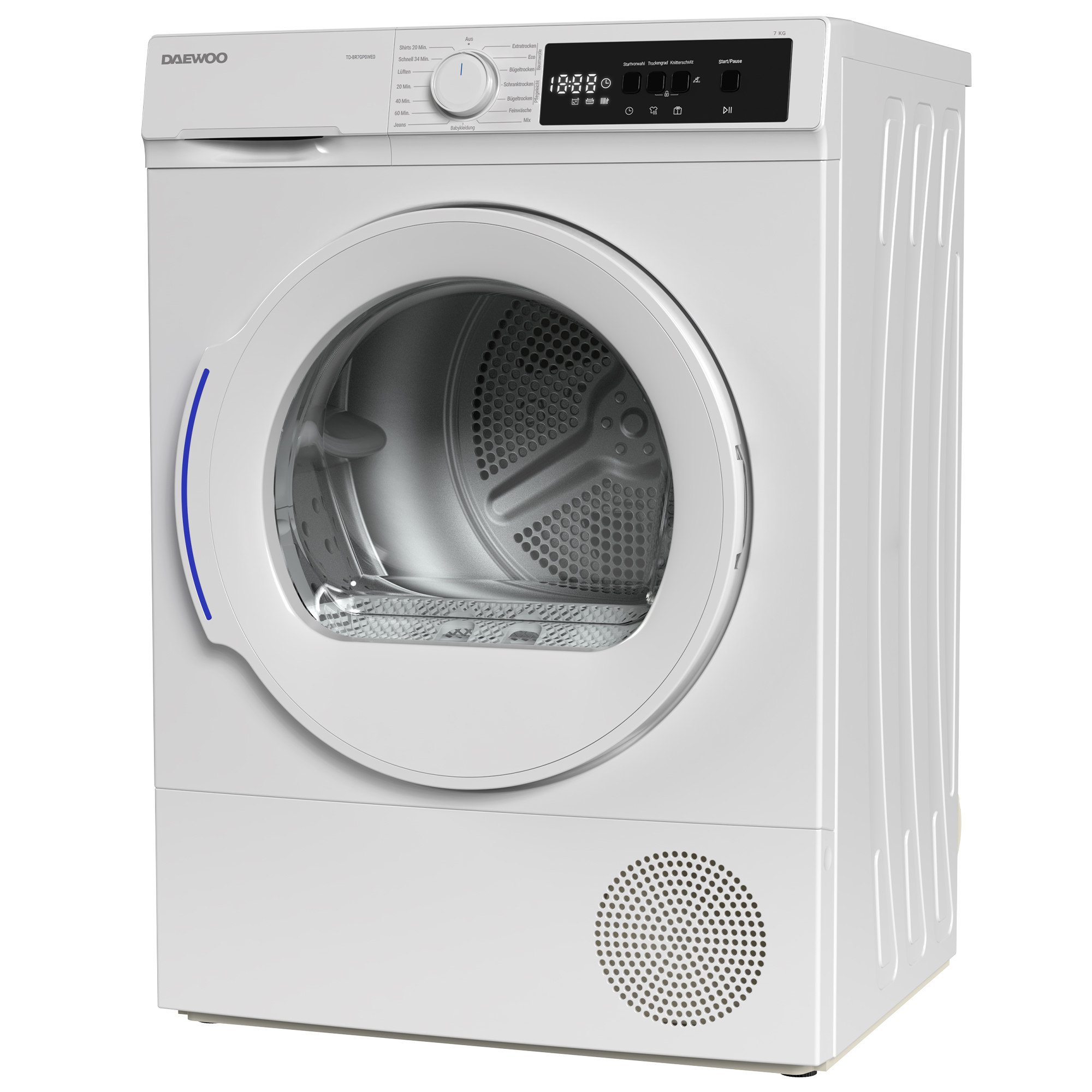 Ein weißer Daewoo-Trockner mit Digitalanzeige und Bedienfeld. Er hat einen blauen Griff und eine runde Tür.
