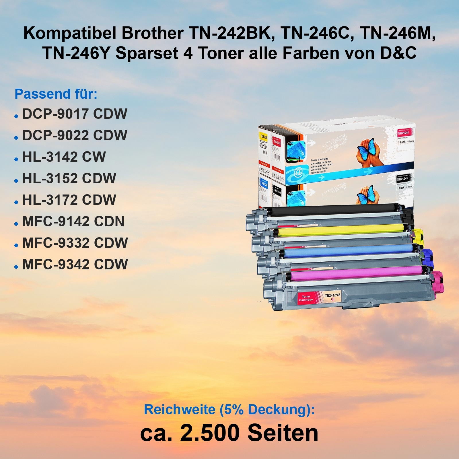 Das Bild zeigt Tonerkartuschen mit Produktdetails, kompatiblen Druckermodellen und einer Reichweite von 2.500 Seiten. Kartons und Patronen sichtbar.