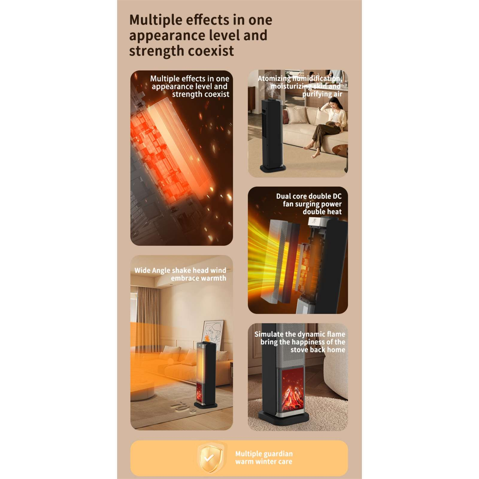Werbung für einen Heizlüfter zeigt ihn in verschiedenen Umgebungen. Der Text besagt mehrere Effekte in einem Erscheinungsbild.
