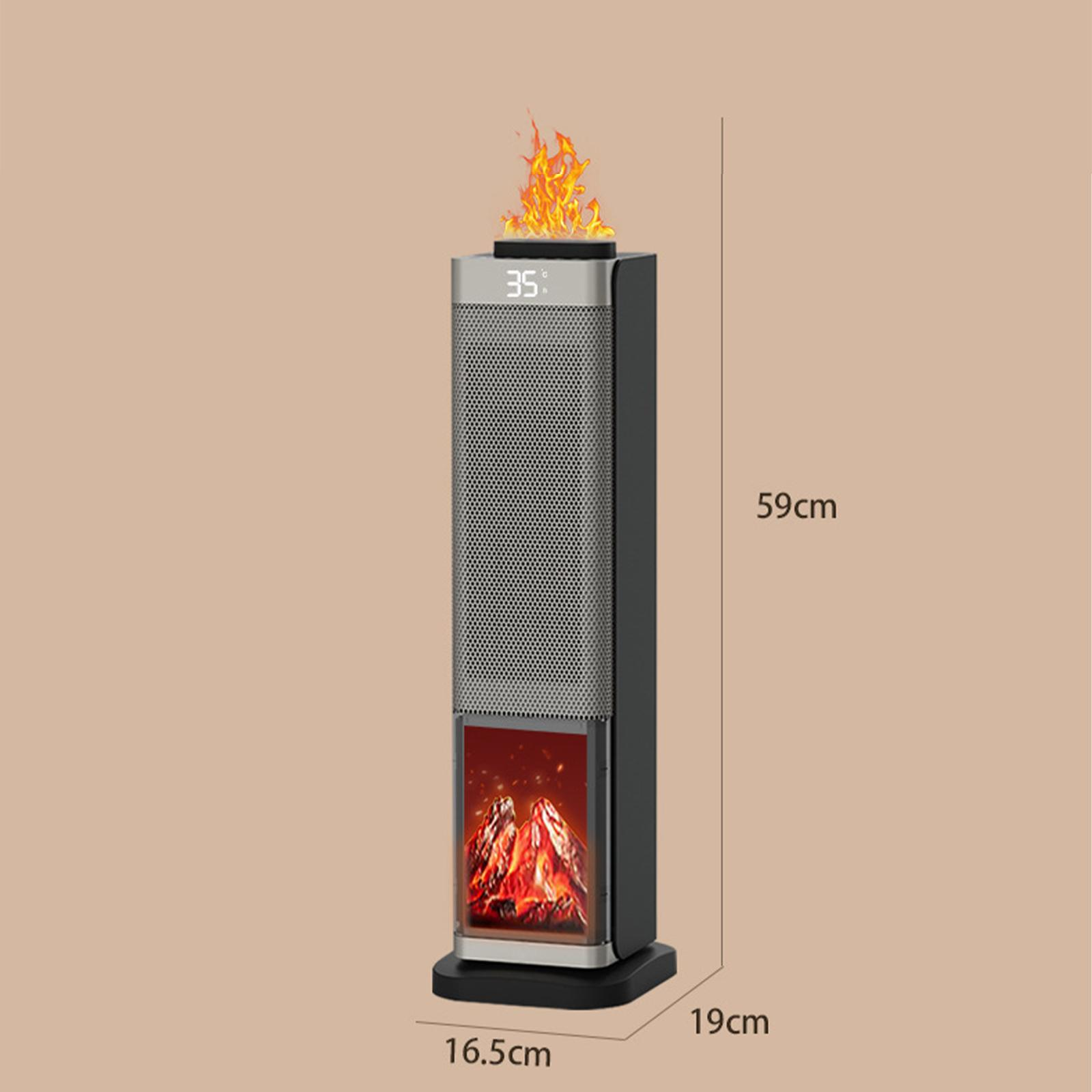 Elektrischer Kamin. Silberner Körper, schwarzer Sockel, Flammenbild unten und oben. Zeigt 35 Grad.