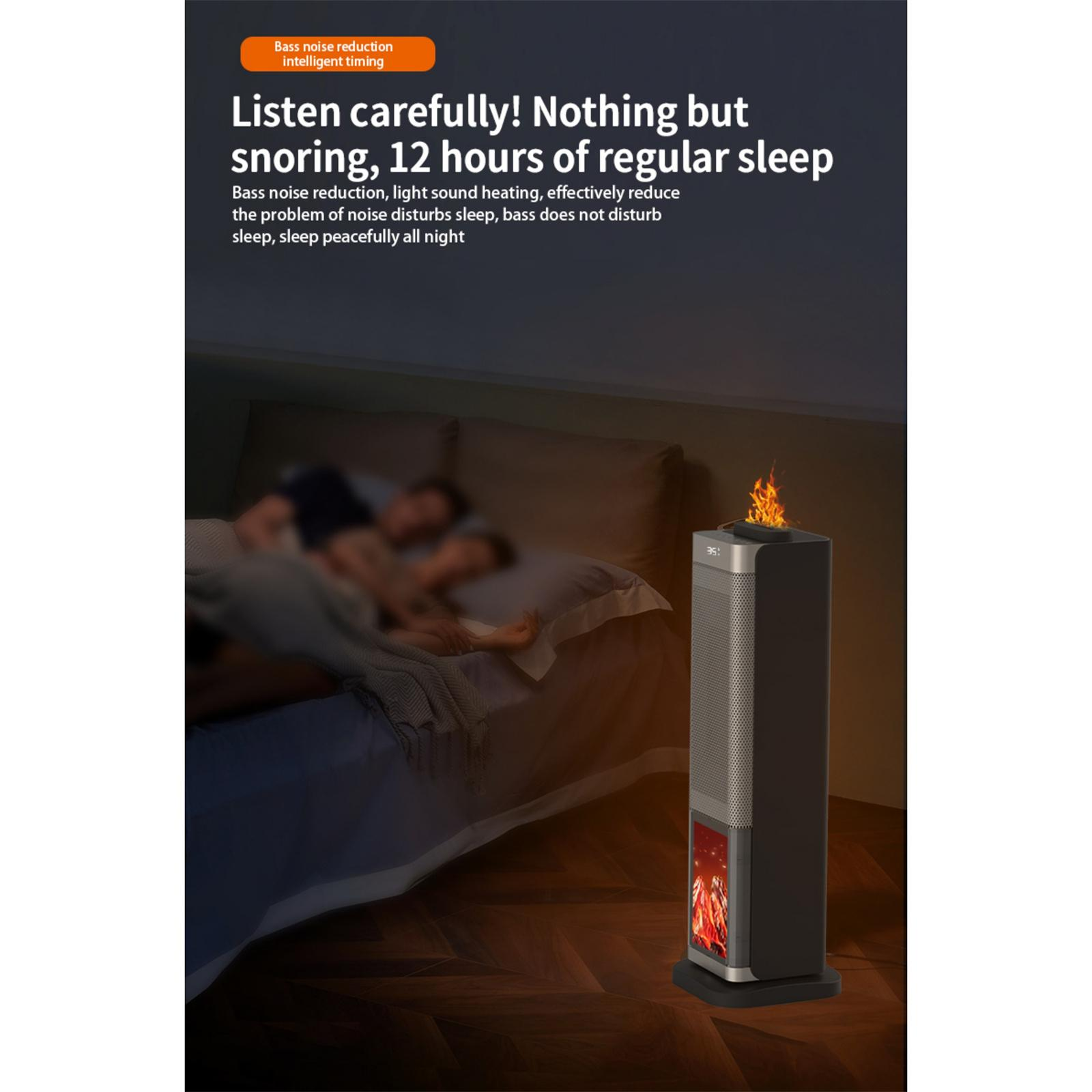 Das Bild zeigt ein Zimmer mit einem schlafenden Paar. Im Vordergrund steht ein Heizgerät mit Flammeneffekt.