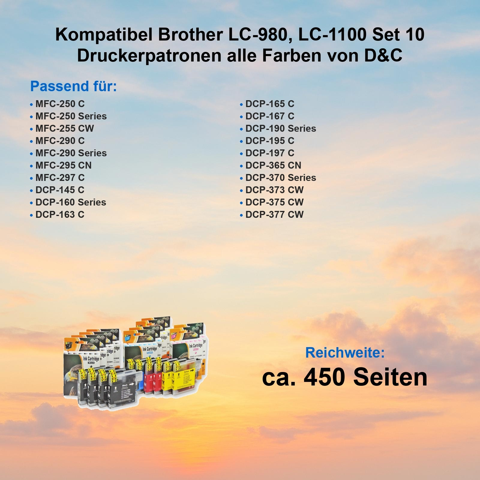 Das Bild zeigt Druckerpatronen. Text listet kompatible Druckermodelle und Seitenausbeute. Der Hintergrund ist ein bewölkter Himmel.