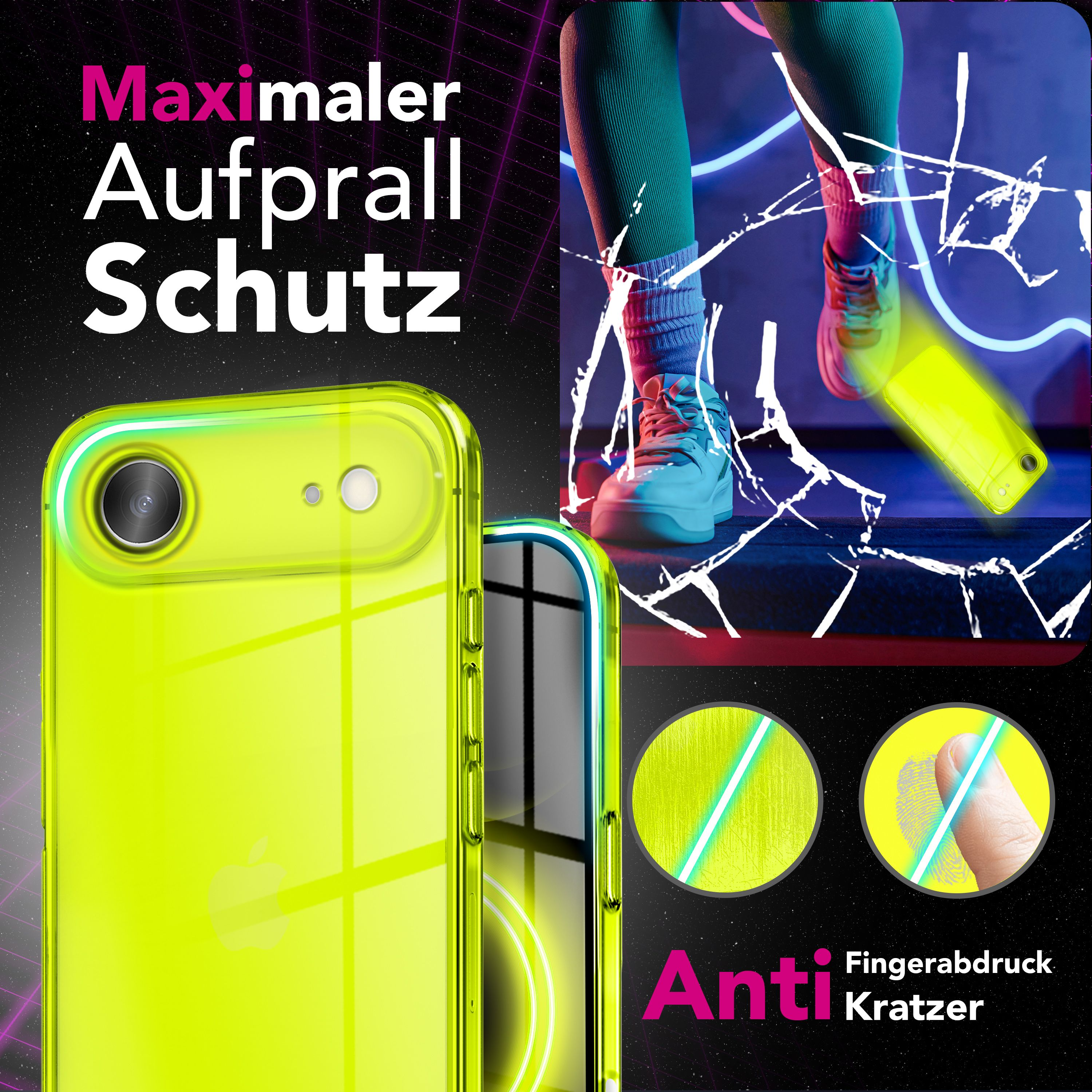 Gelbe Handyhülle mit Text 'Maximaler Aufprall Schutz' und ein Bild von Beinen und einem Telefon.