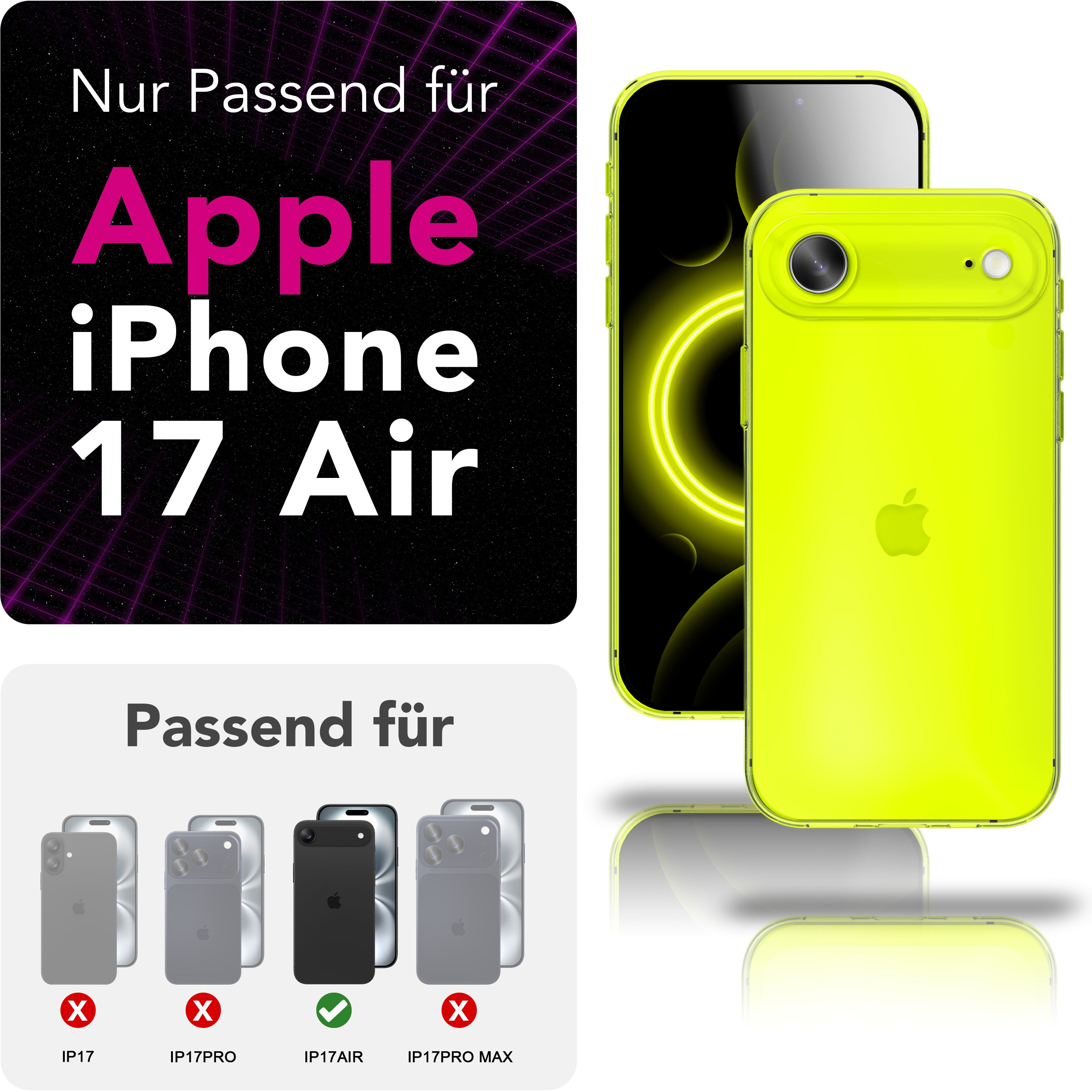 Das Bild zeigt eine iPhone 17 Air Handyhülle. Text sagt "Nur Passend für Apple iPhone 17 Air". Kompatibilität mit anderen Modellen wird gezeigt.