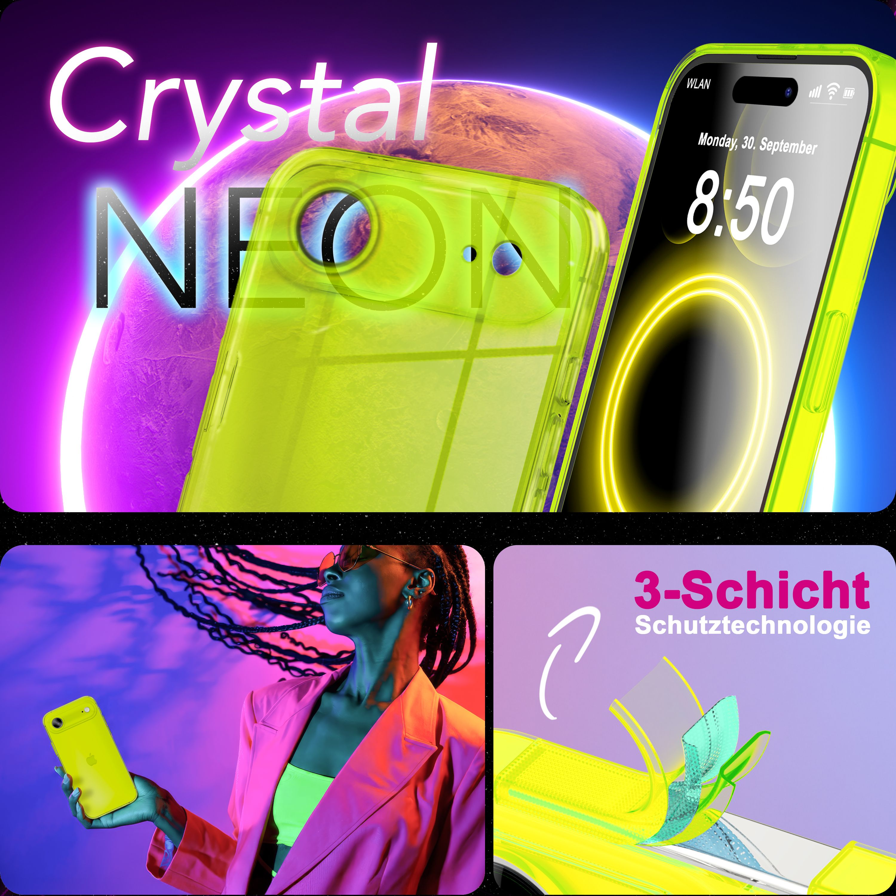 Das Bild zeigt Handyhüllen, eine Person, die ein Telefon hält, und eine Grafik mit 3-Schicht-Schutz. Neonfarben dominieren.
