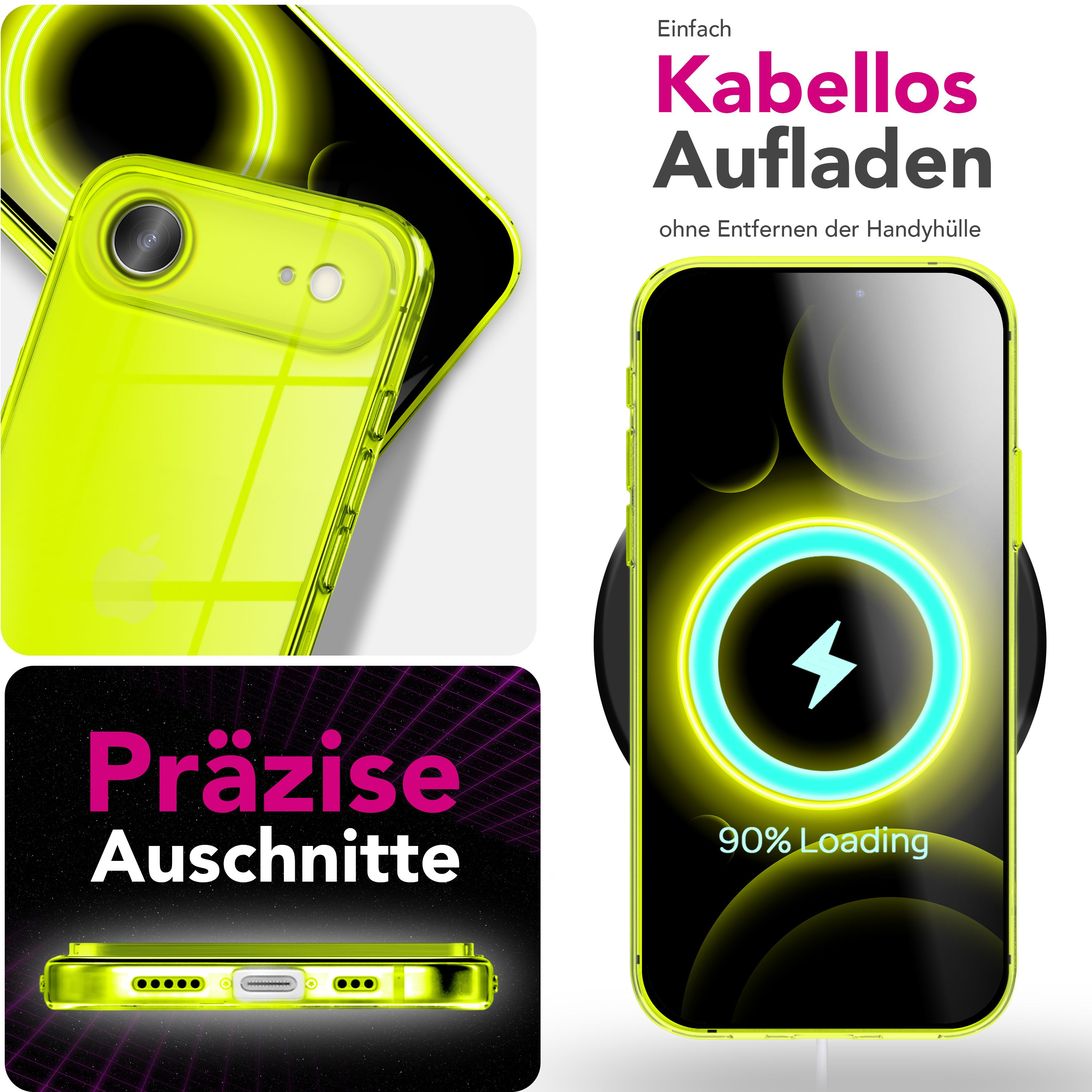 Ein Telefon in einer neongrünen Hülle wird kabellos geladen. Das Telefon zeigt einen Ladestatus von 90%.