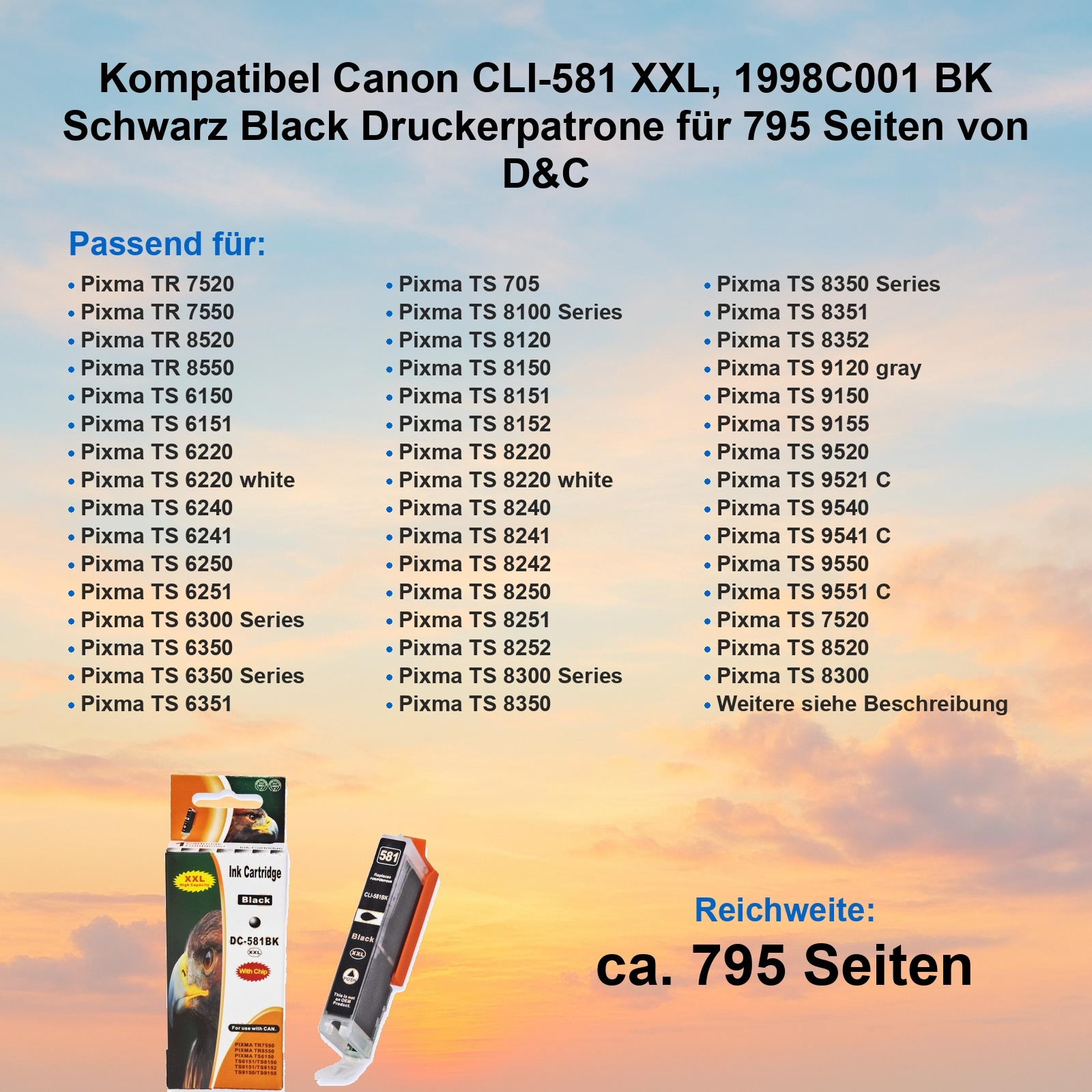 Tintenpatronenbox, schwarze Tinte, kompatibel mit Canon-Druckern. Enthält eine Liste kompatibler Druckermodelle.