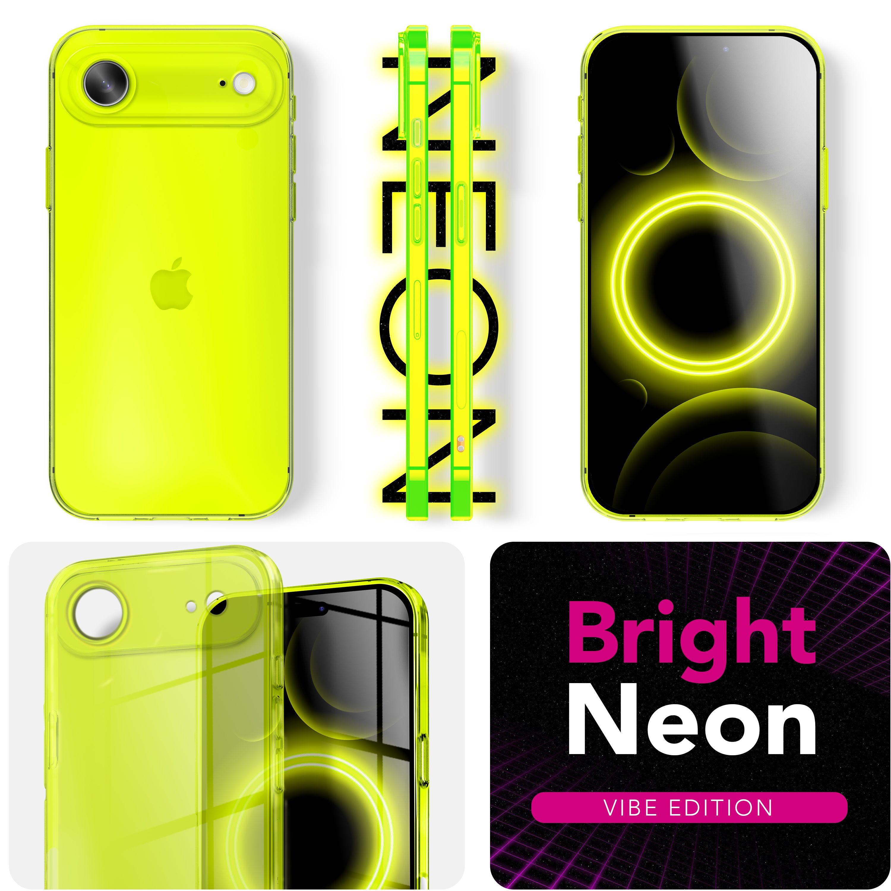 Zusammengesetztes Bild: mehrere Ansichten eines neongrünen Telefons mit Hülle und eine schwarz-rosa Grafik mit dem Text 'Bright Neon'.