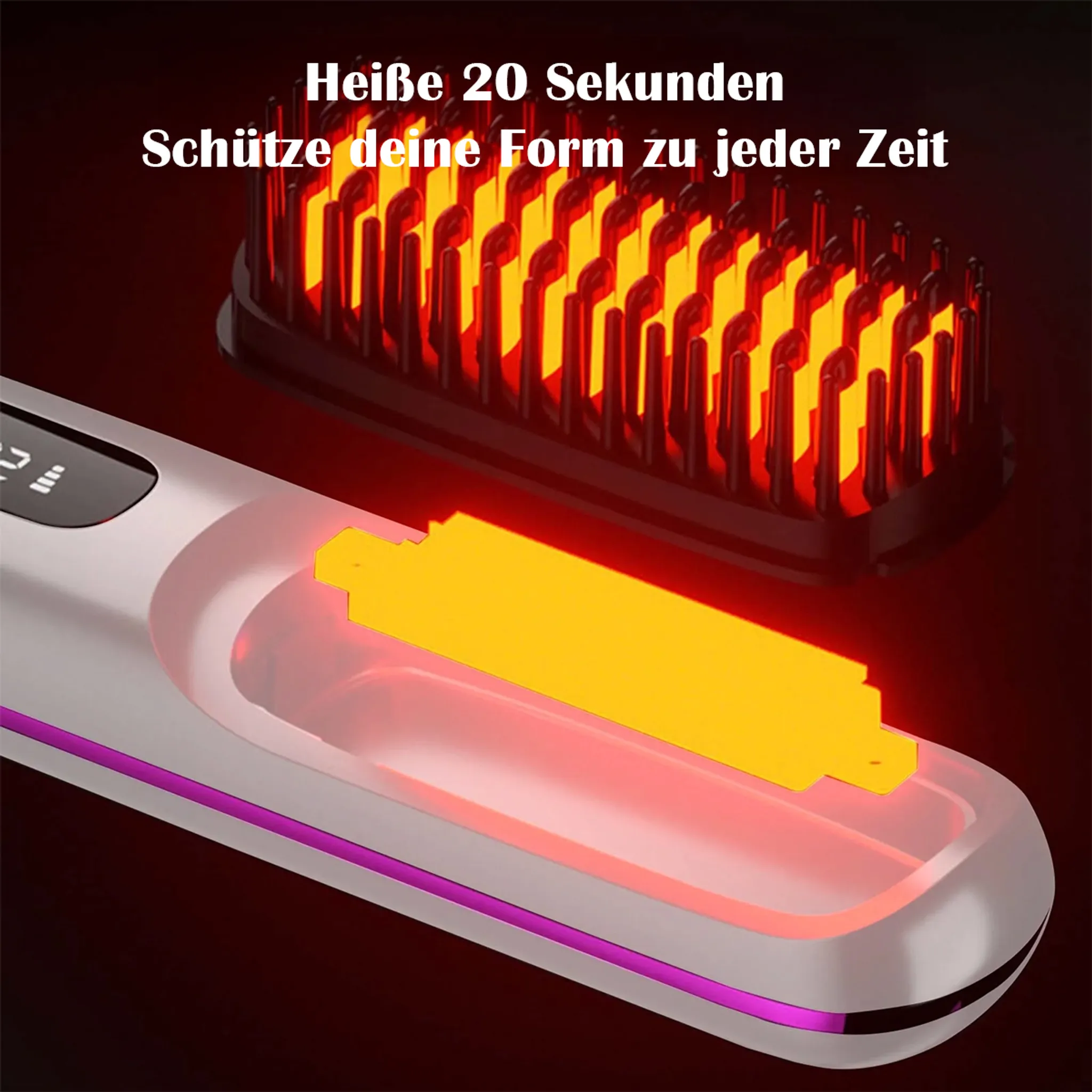 Eine beheizte Haarglättungsbürste. Teile sind gelb und rot hervorgehoben. Text sagt 'Heiß 20 Sekunden schützen Sie Ihren Stil'.