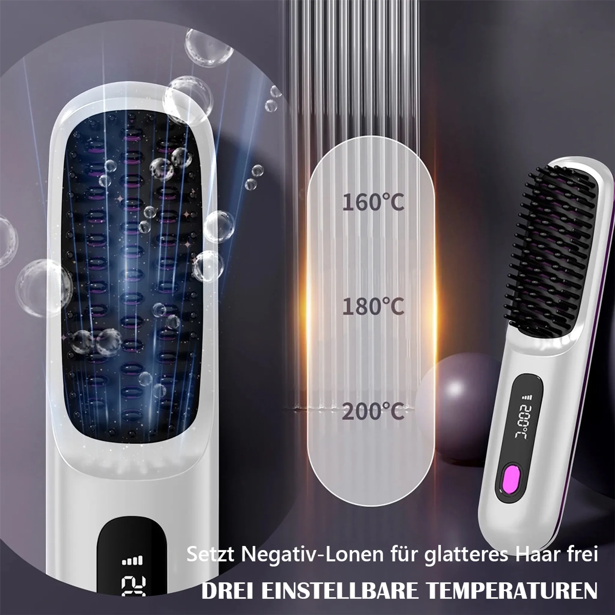 Eine Haarglättungsbürste mit drei Temperatureinstellungen wird angezeigt. Temperaturanzeigen sind sichtbar.