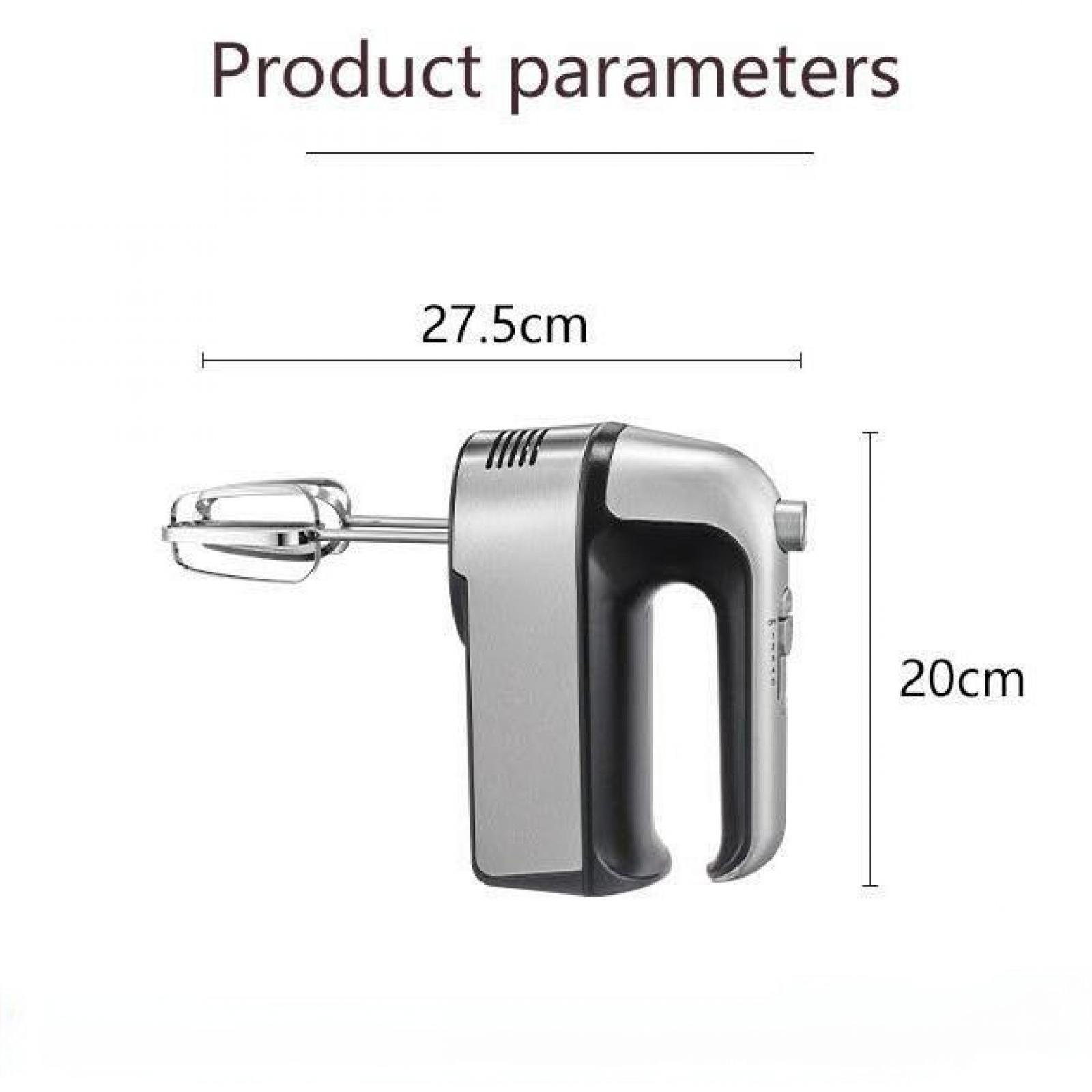 Ein elektrischer Mixer mit Maßen, 27,5 cm lang und 20 cm hoch, auf weißem Hintergrund. Text: Produktparameter.